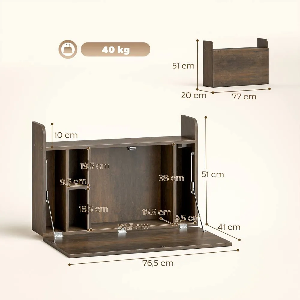 HOMCOM Wall Mounted Table w/ Space Saving Storage Compartments in Dark Brown 3