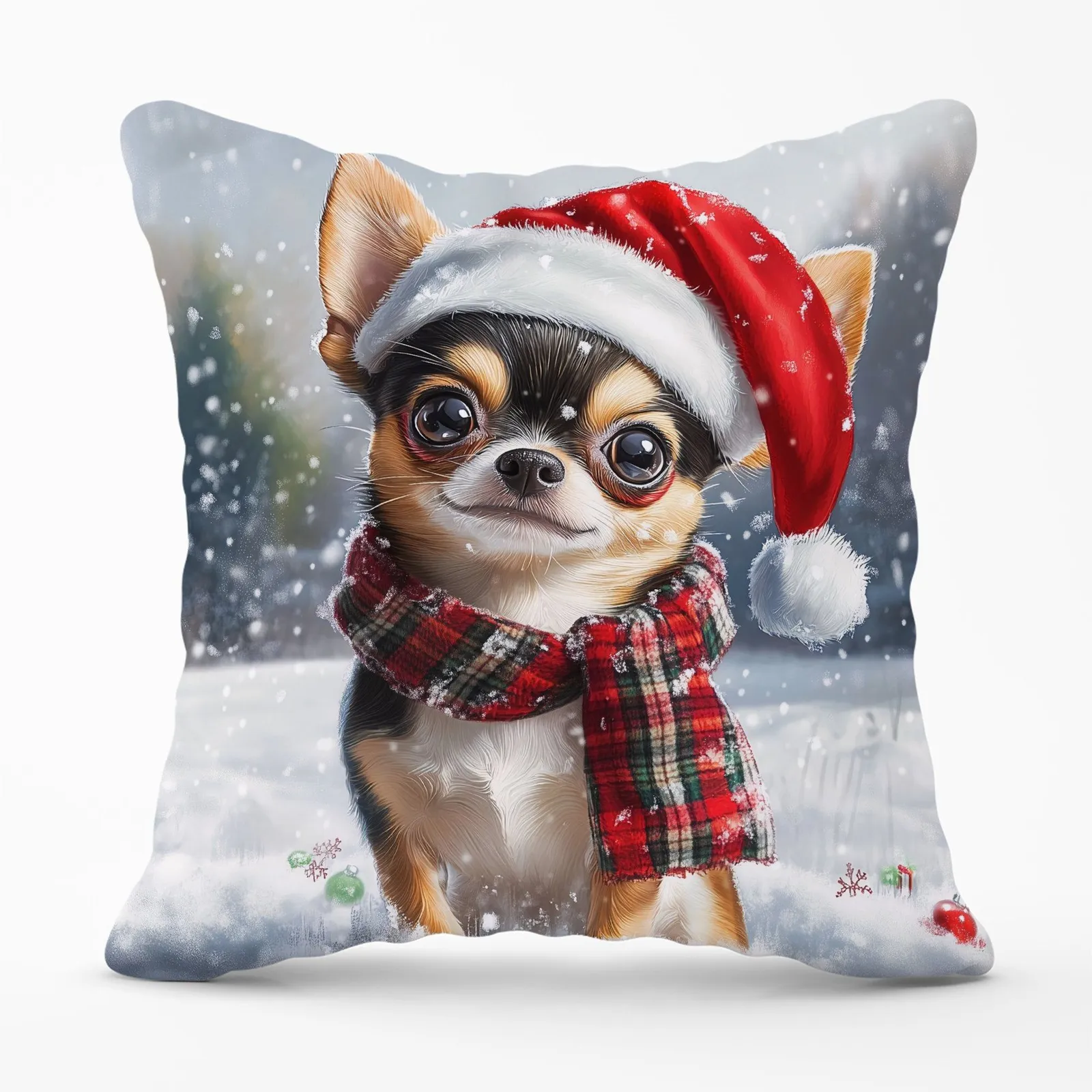 Warren Reed - Designer Snowy Christmas Chihuahua Cushion in Brown
