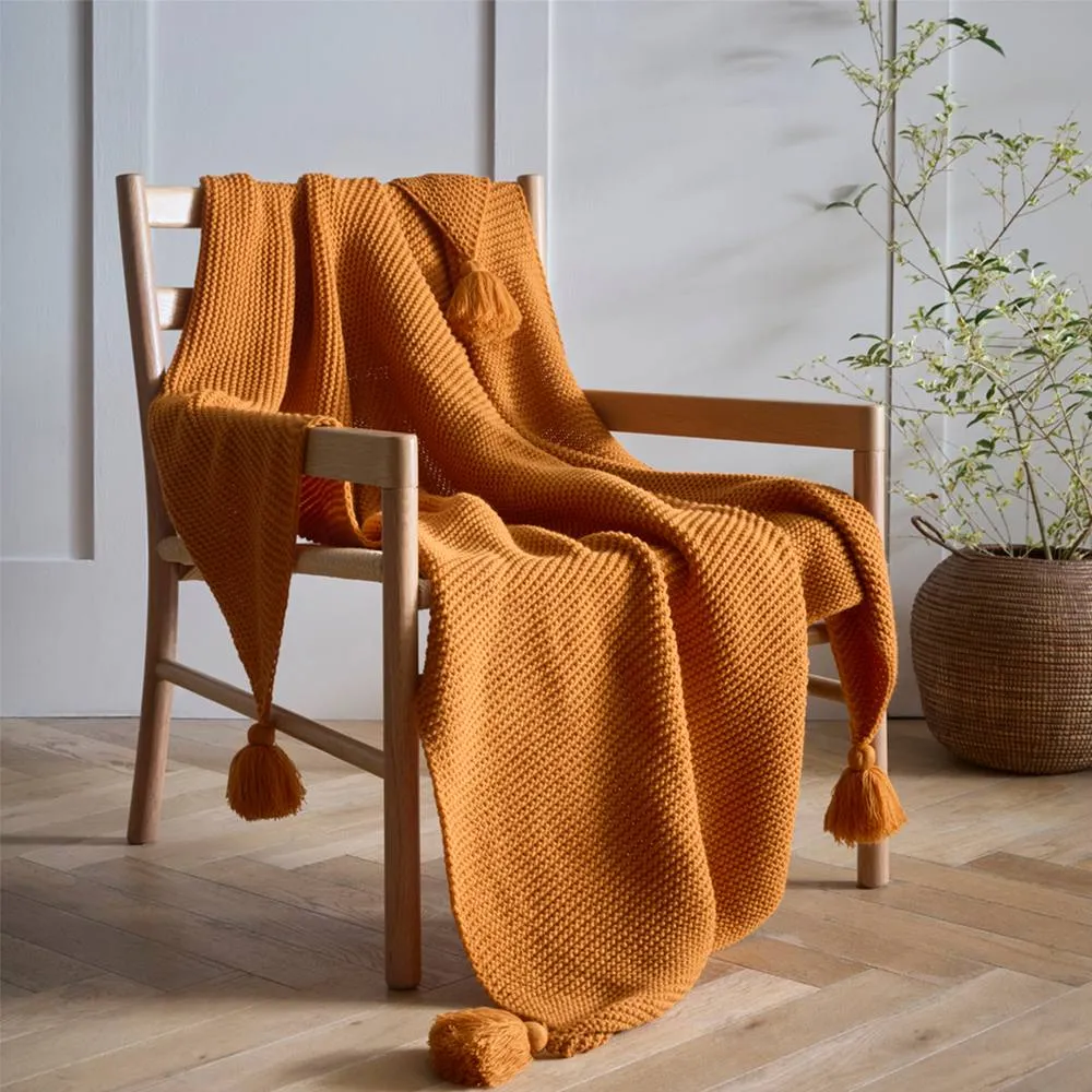 Portfolio Home Copenhagen Knitted Tassels Throwover Bed Throw Blanket 127 x 152cm in Orange
