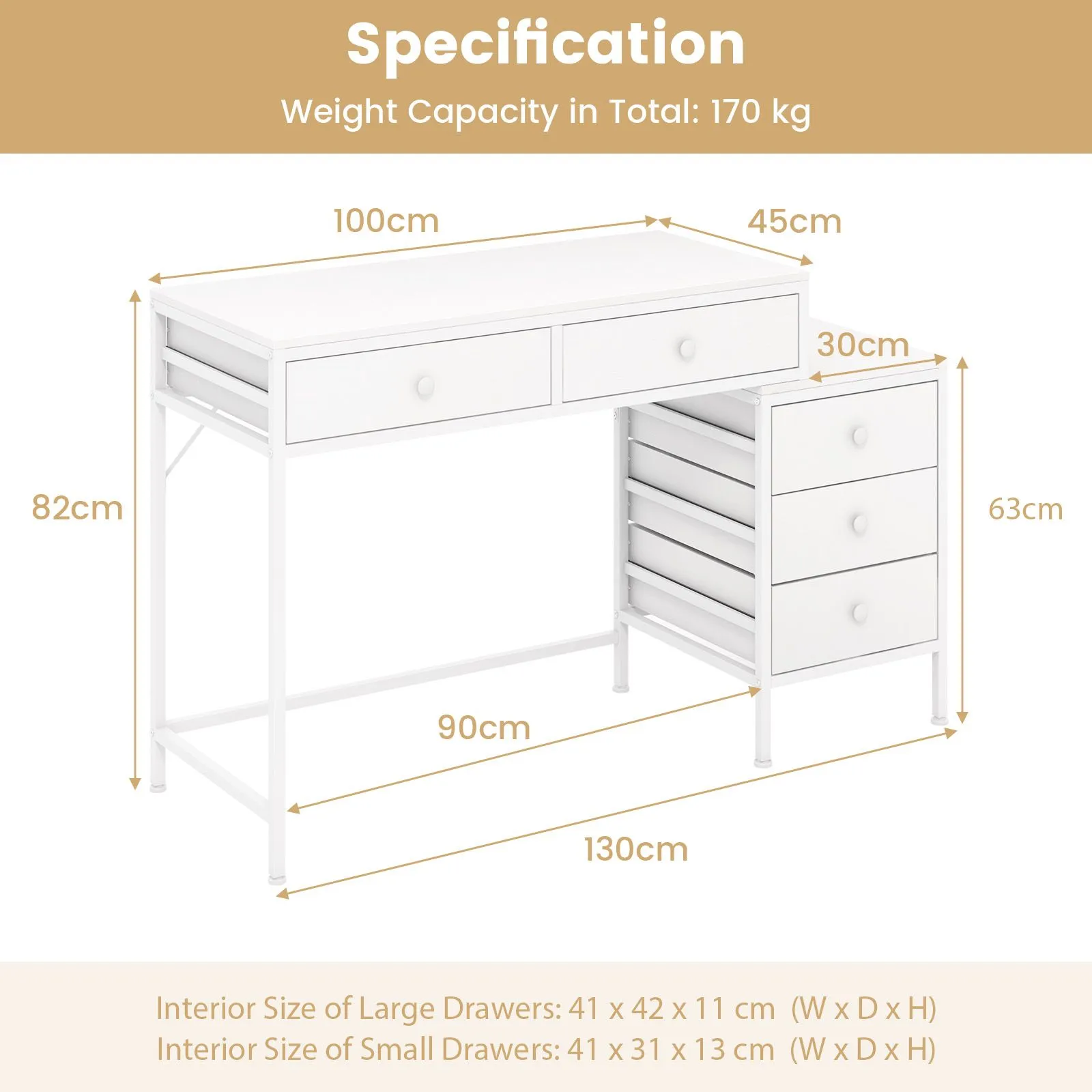 Costway Computer Desk Home Office Desk w/ Side File Cabinet & 5 Drawers in White 2