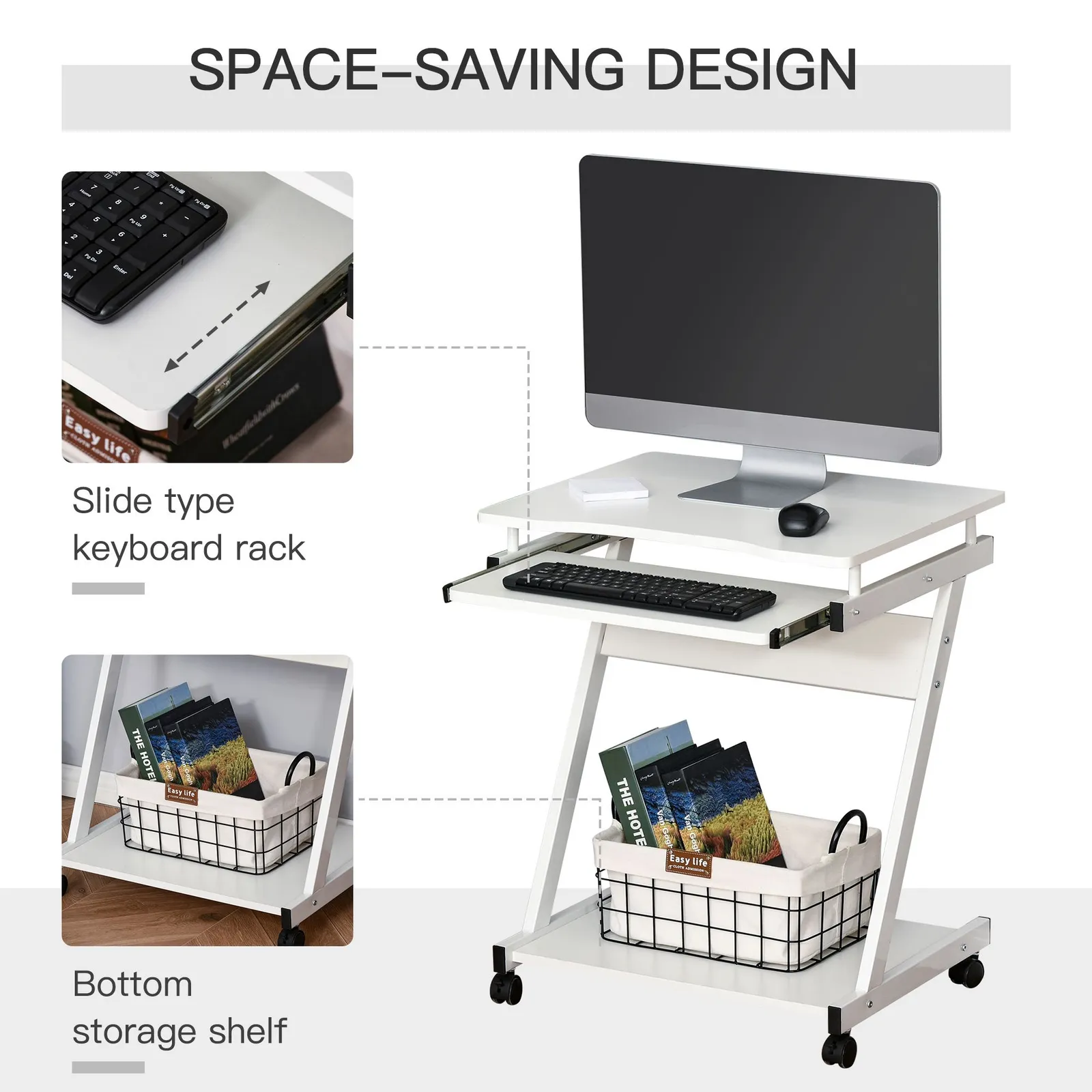 HOMCOM Movable Computer Desk with 4 Moving Wheels Sliding Keyboard Tray in White 5