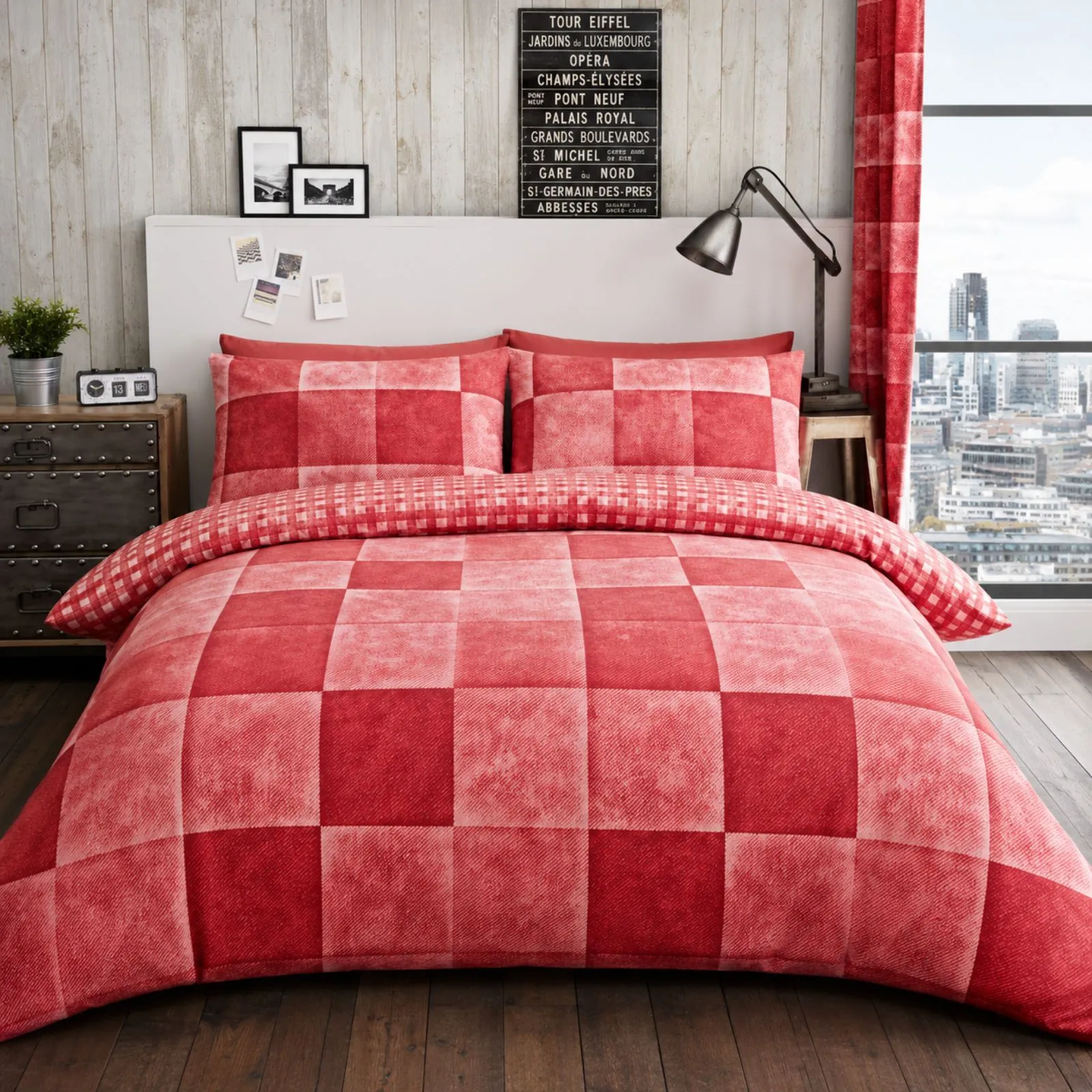 Smart Living Printed Polycotton Denim Check Duvet Cover With Pillowcases in Red 2