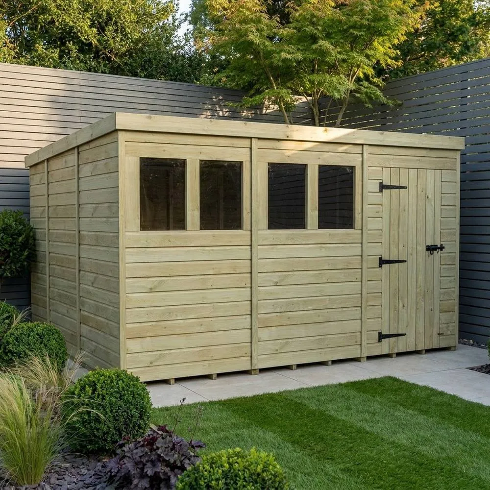 Buttercup Farm 12ft x 10ft Pent Garden Shed Single Door With Windows - Timber in Brown 2