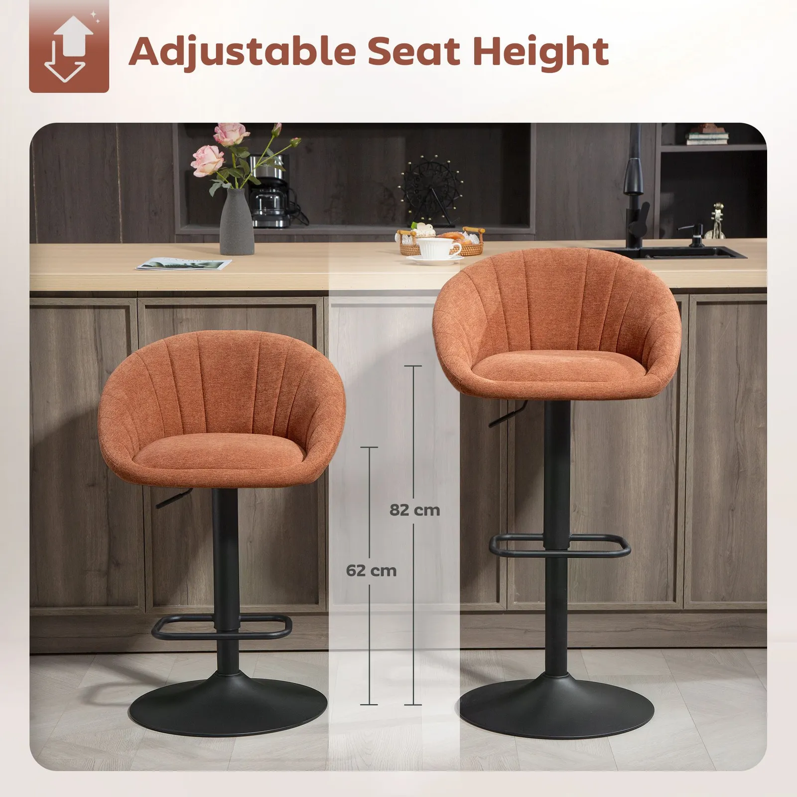 HOMCOM Swivel Bar Stools Set of 2 Height Adjustable Bar Chairs in Orange 4