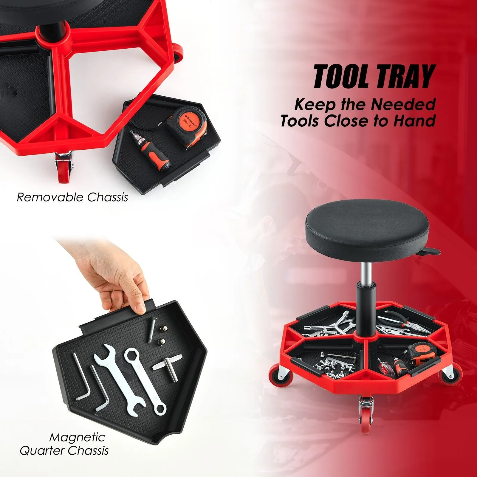 Costway Rolling Mechanic Stool Height Adjustable Workshop Creeper Seat 360 Swivel in Red 5