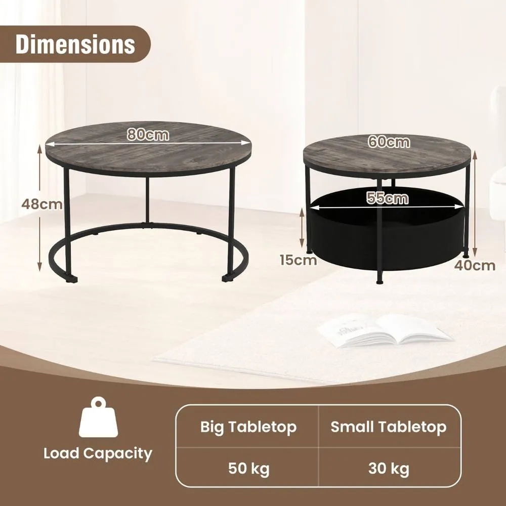 Costway 2PCS Round Coffee Tables Modern 80 & 60 CM Cocktail Tables Side Tables in Grey 5