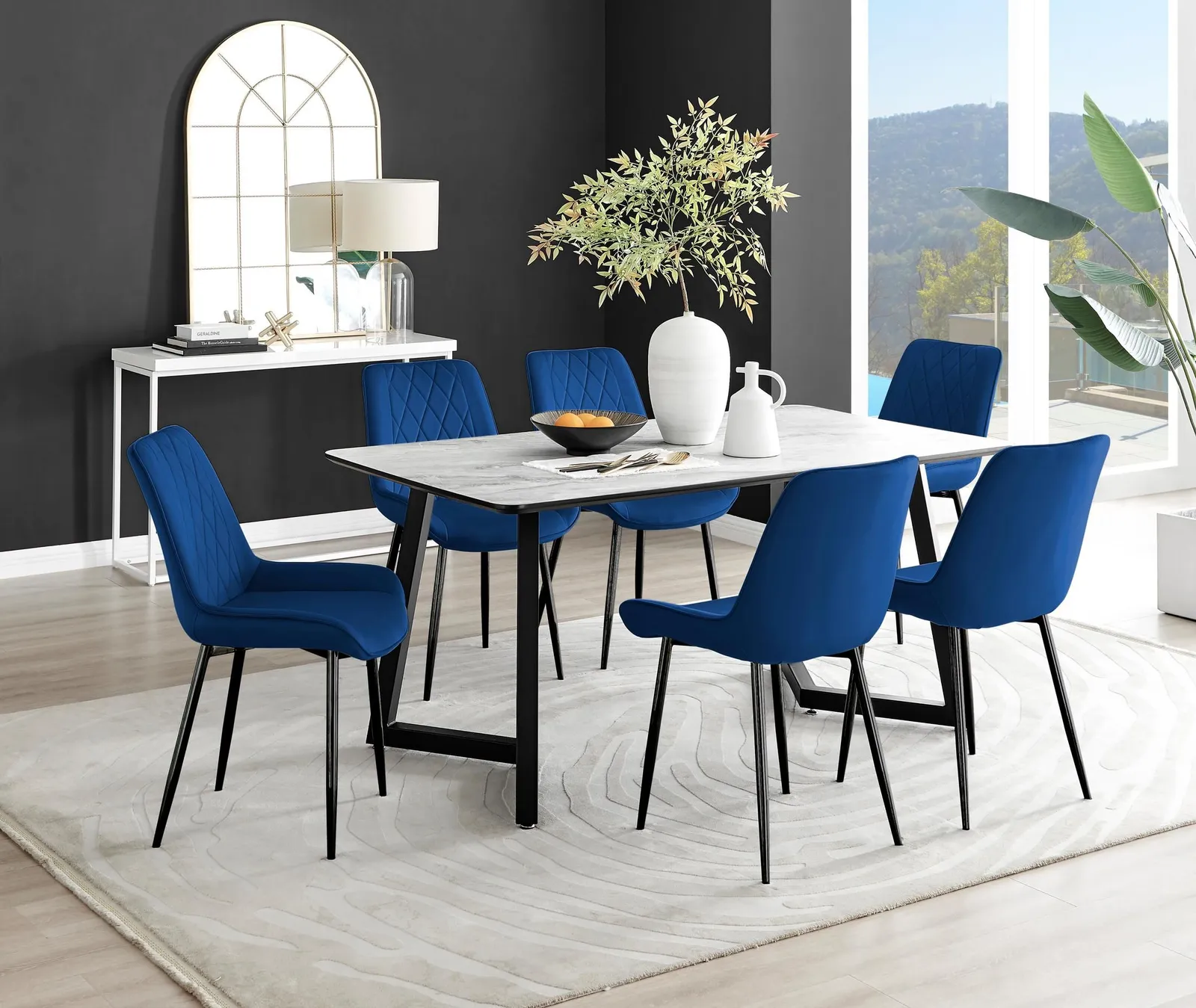 FurnitureboxUK Carson White Marble Effect Dining Table & 6 Pesaro Black Leg Chairs in Navy 1