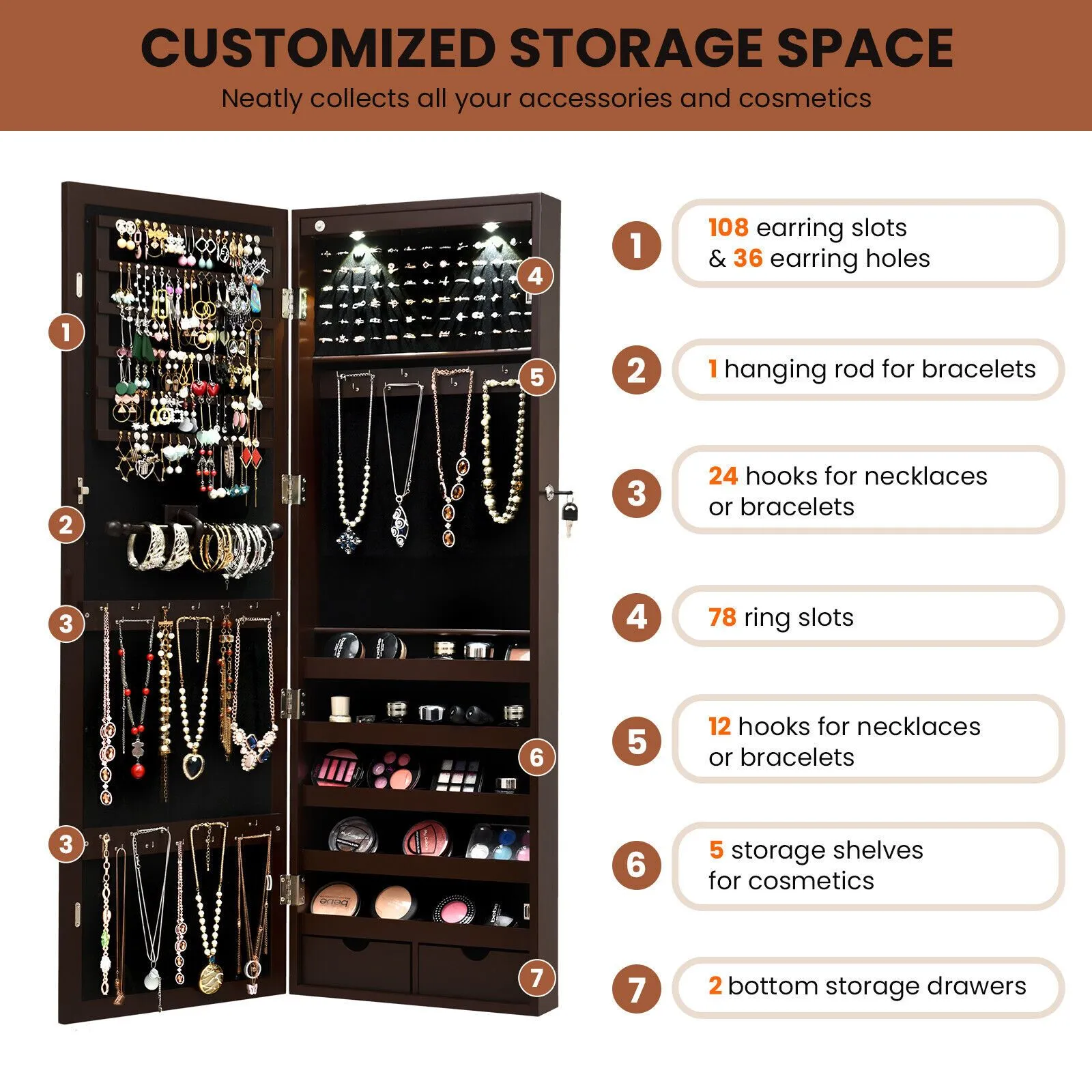 Costway Wall/Door Mounted Jewelry Armoire Organizer Full-length Mirror Storage Cabinet in Brown 5