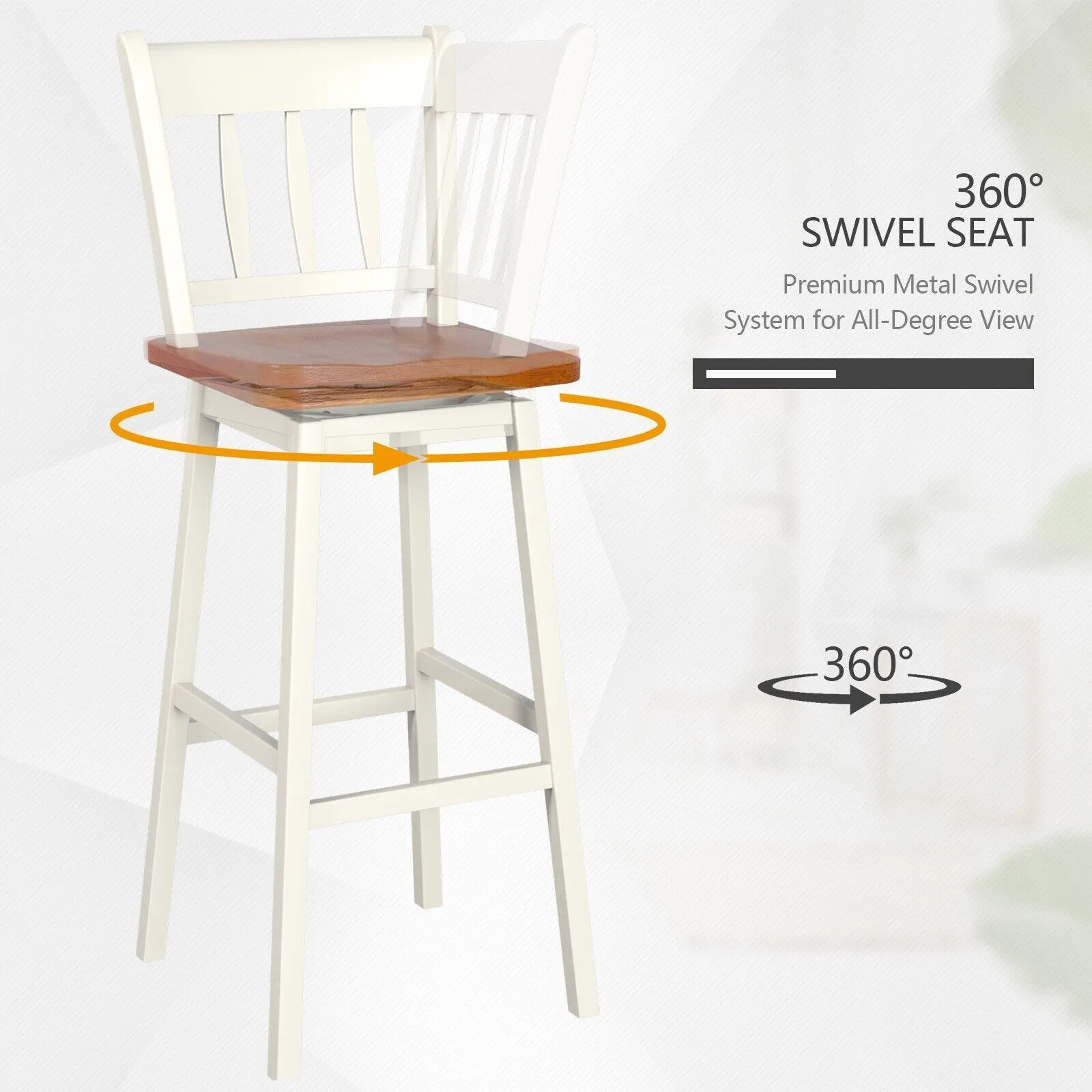Costway Set of 2 Swiveling Bar Stools Solid Rubber Wood Dining Chairs with Footrest in White 6