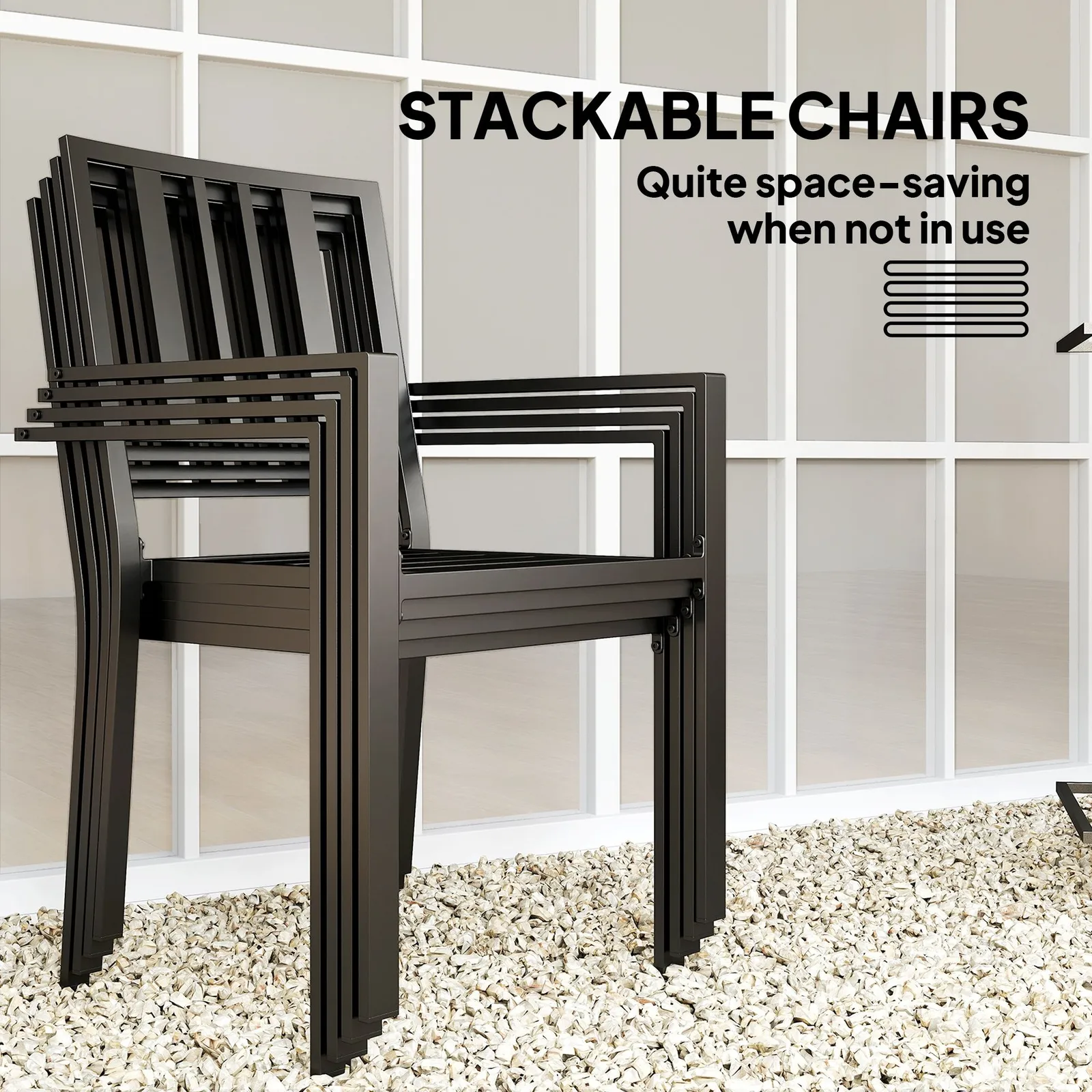 OUTSUNNY Garden Dining Set w/ 4 Stackable Cushioned Chairs & Metal Top Table in Black 4