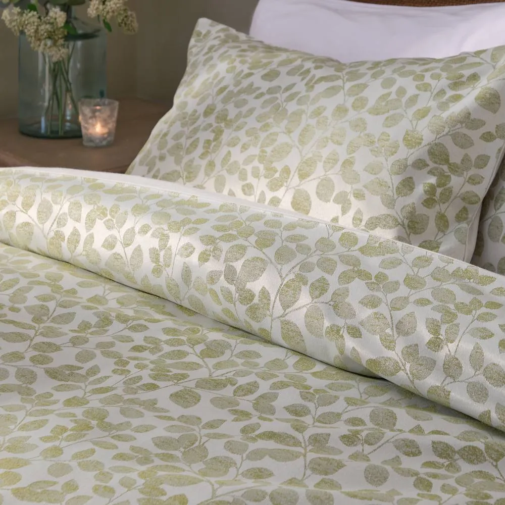 Wylder Grace Leaf Jacquard Satin Duvet Cover Set in Pale Green 2