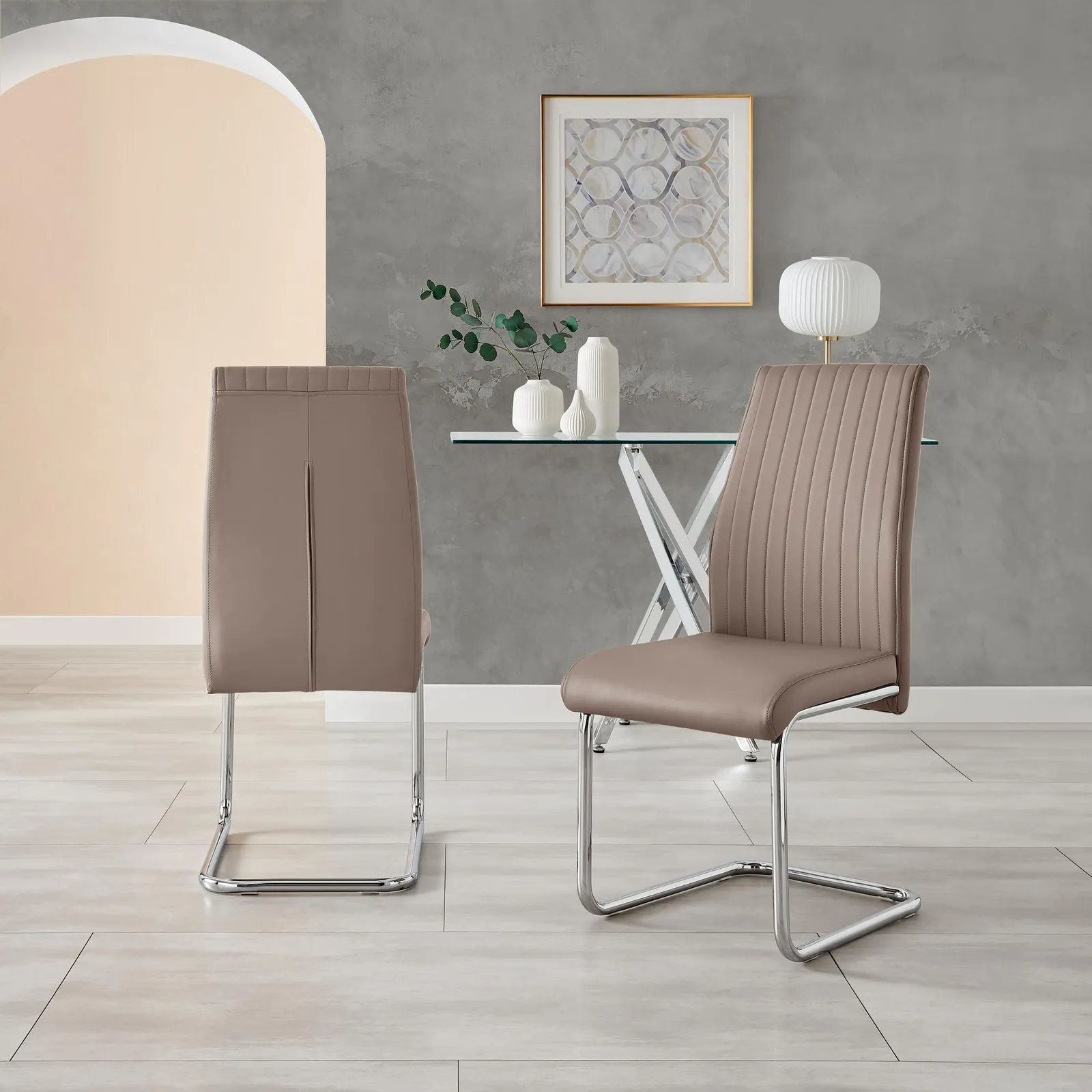 FurnitureboxUK 2x Lorenzo Faux Leather Chrome Dining Chairs in Beige 3