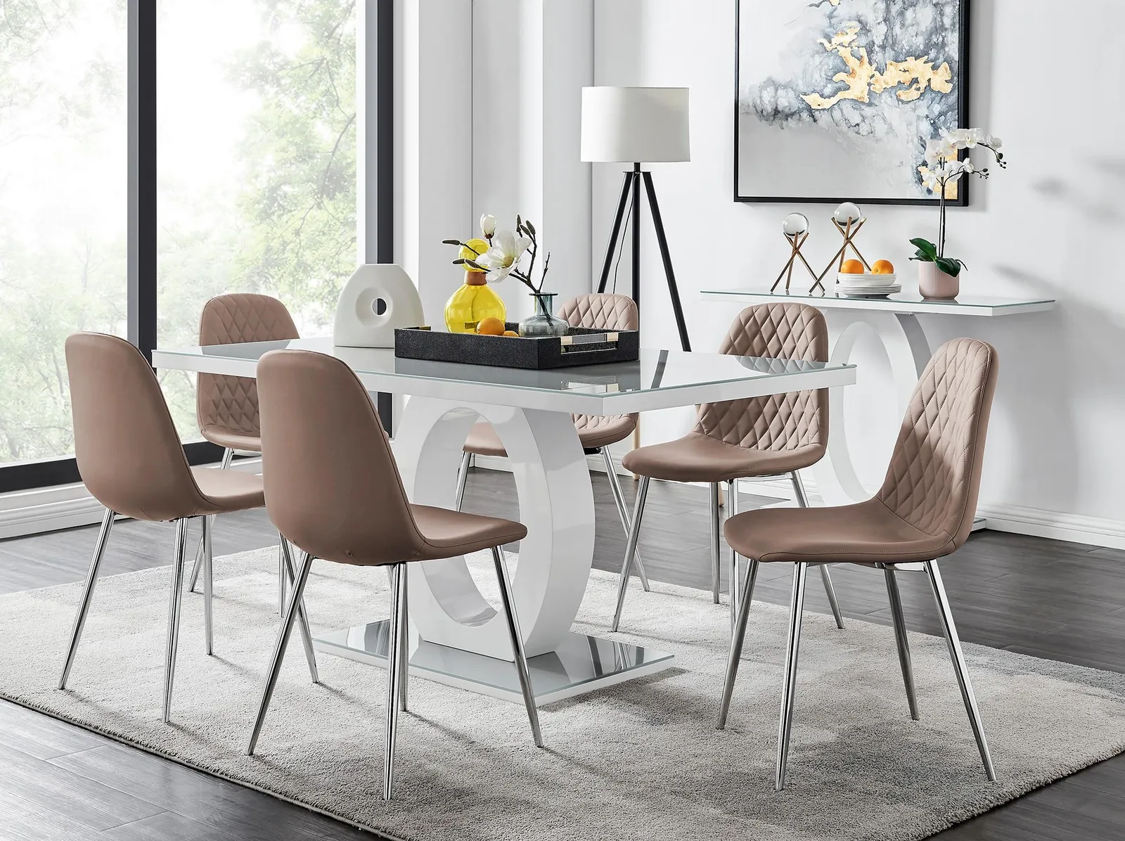FurnitureboxUK Giovani 6-Seater Grey Glass Dining Table & 6 Corona Faux Leather Dining Chairs in Beige 1
