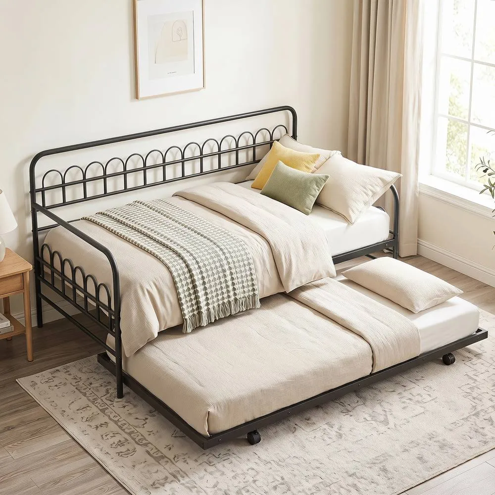 Costway Single Daybed with Trundle Metal Sofa Bed w/ Curved Backrest in Black 3
