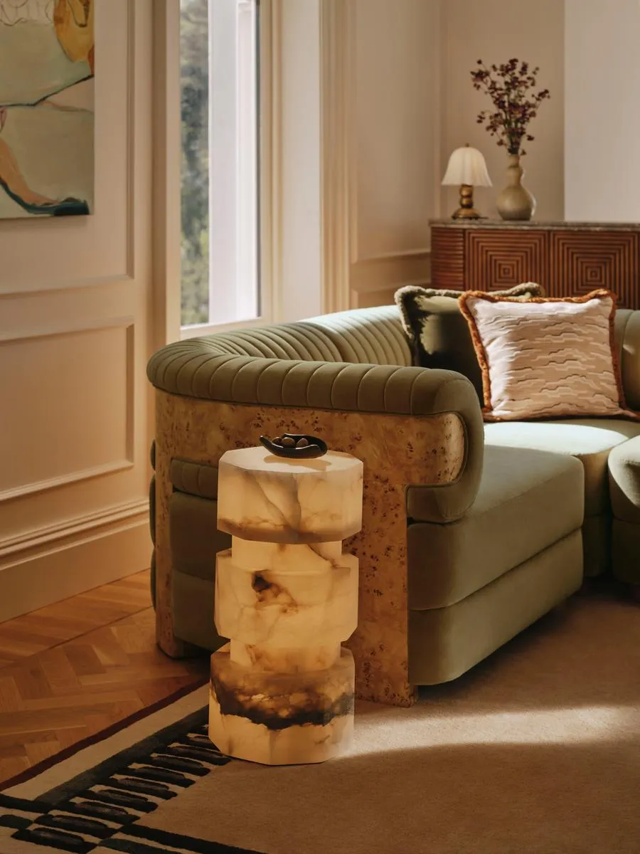 Caleb Modular Corner Sofa, Velvet, Lichen, Blonde Burl