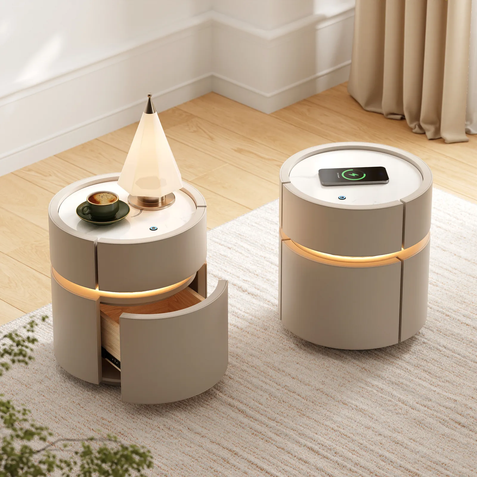 Round Saddle Leather Nightstand with Wireless Charging Bedside Table in Beige