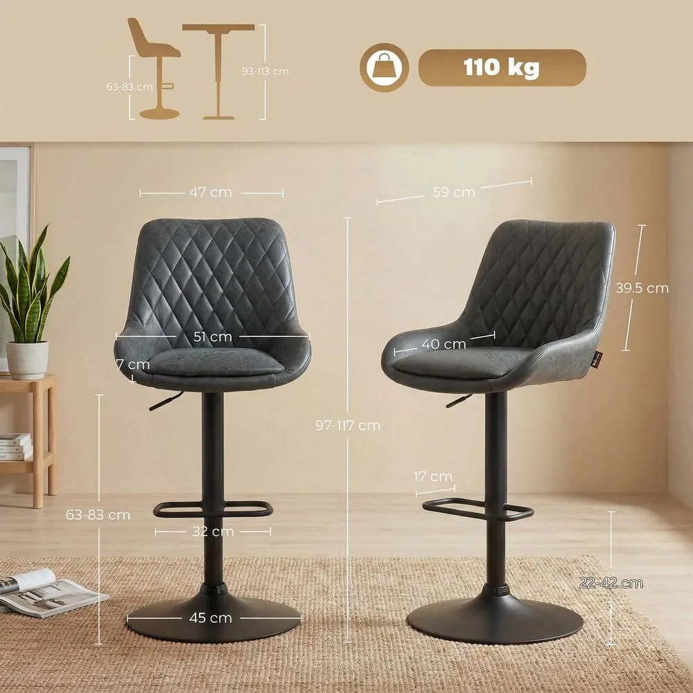 HOMCOM Bar Stools Set of 2, Adjustable Bar Chairs 360 Degree Swivel in Black 3