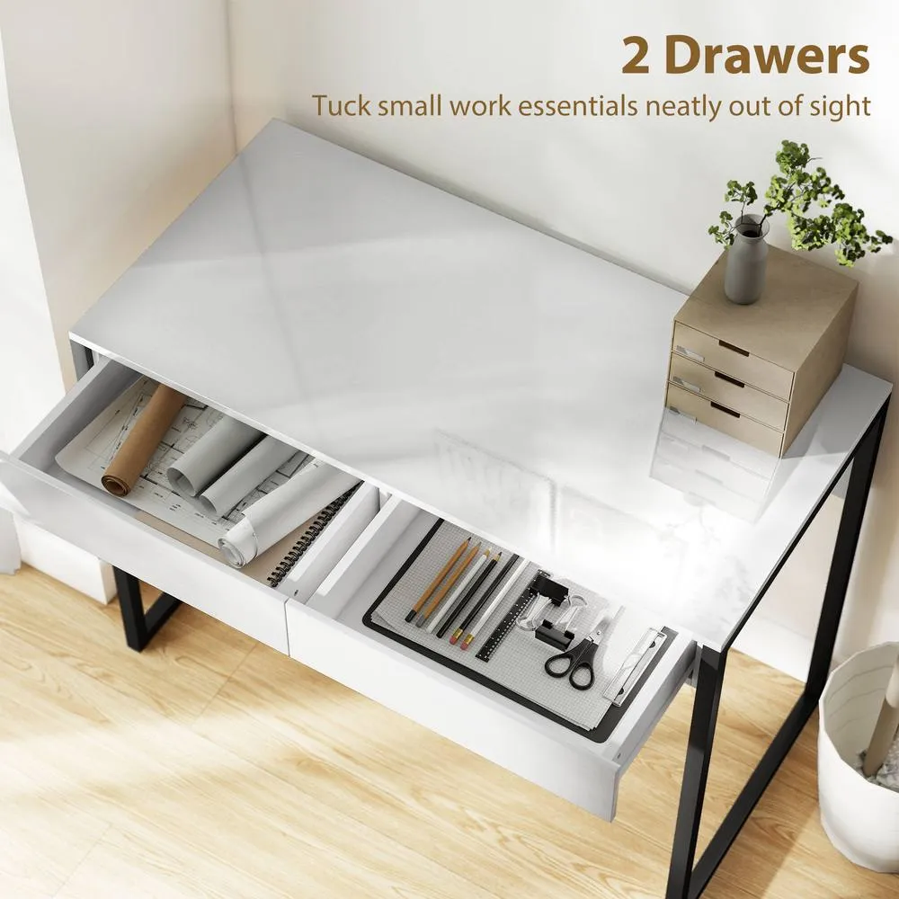 HOMCOM Modern Home Office Desk with High Gloss 2 Drawers Finish White Black 4