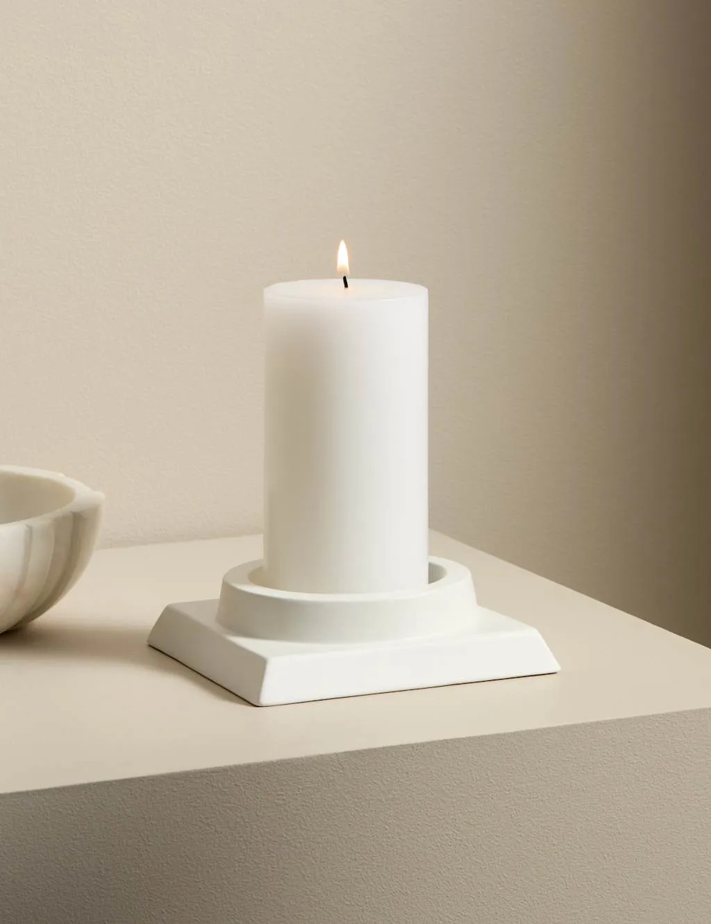 M&S X Kelly Hoppen Block Ceramic Pillar Candle Holder White