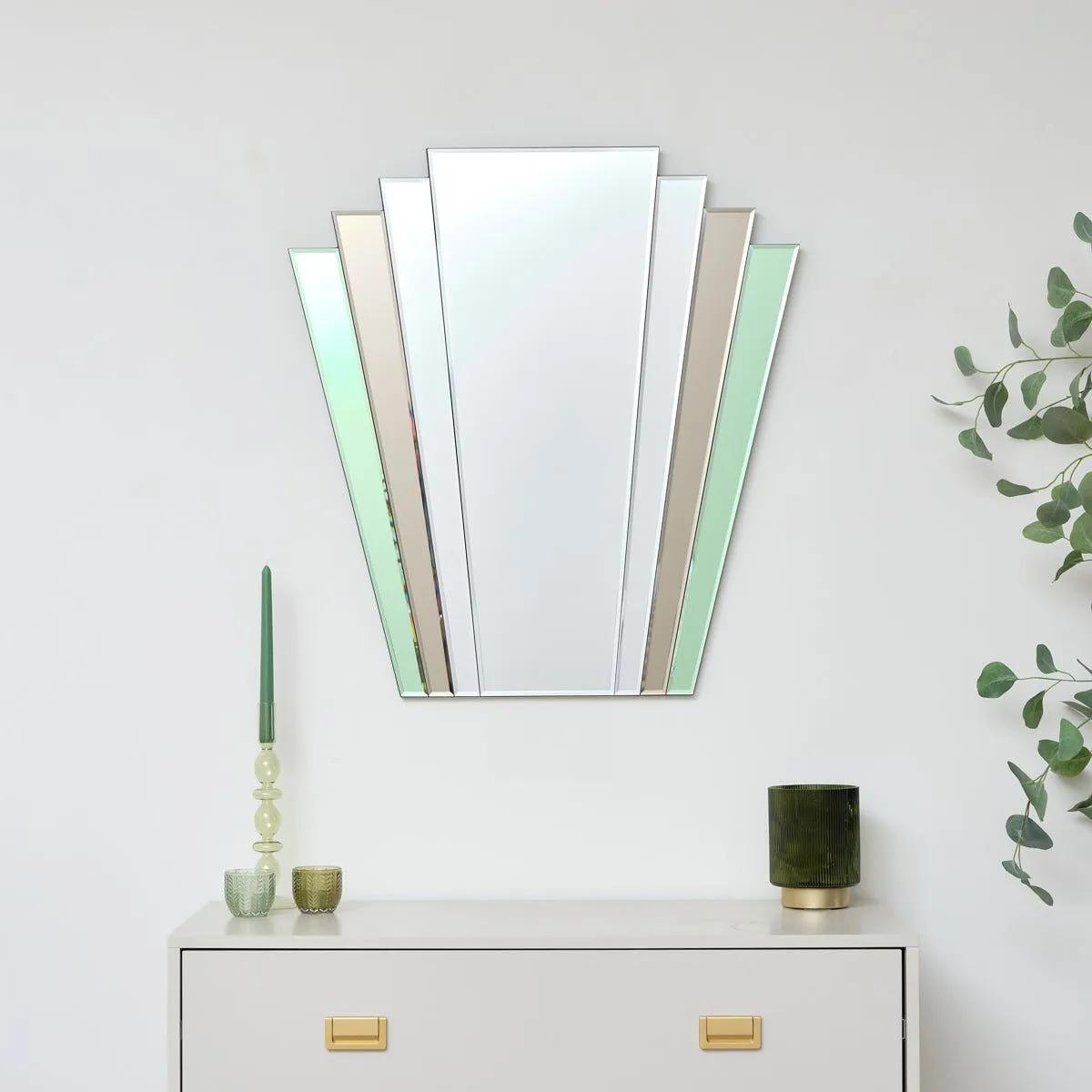 Melody Maison Green & Mocha Glass Art Deco Fan Wall Mirror 75cm X 68cm