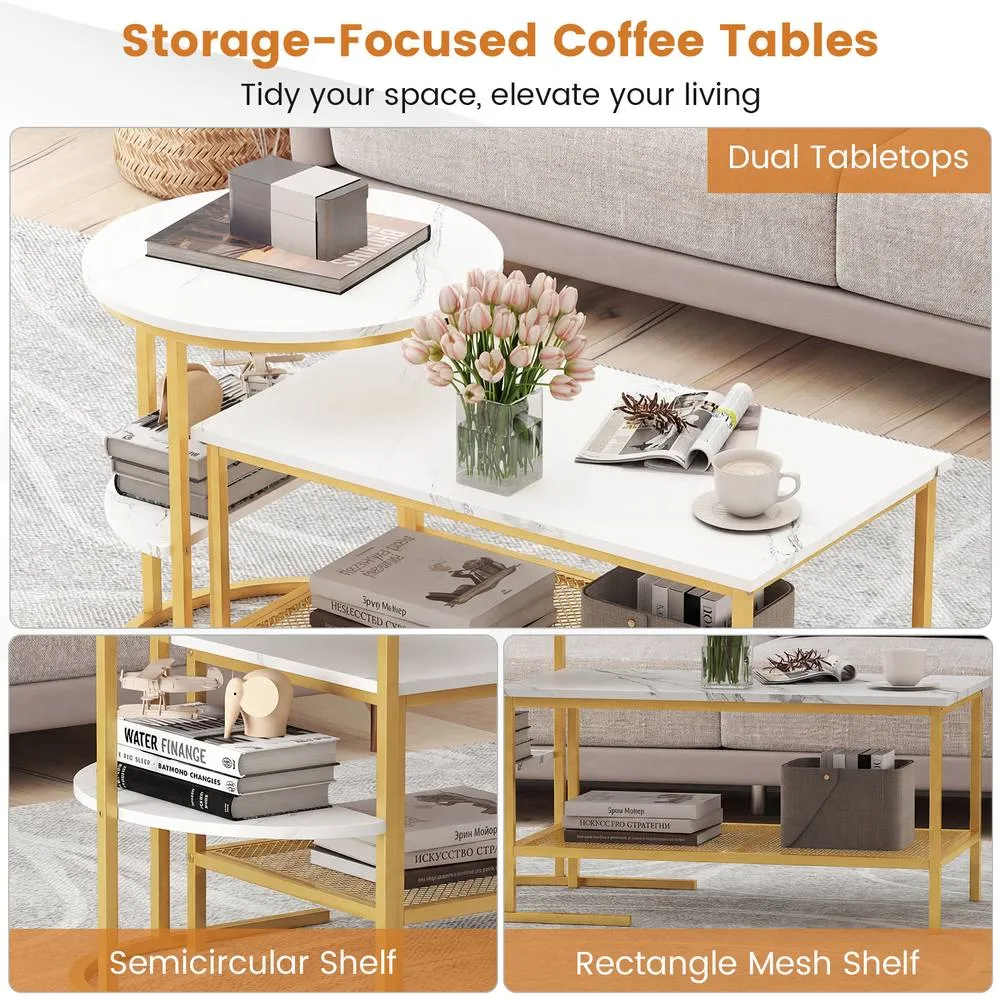 Costway 2PCS Nesting Faux Marble Coffee Table 2-in-1 Detachable Side Table Set 5