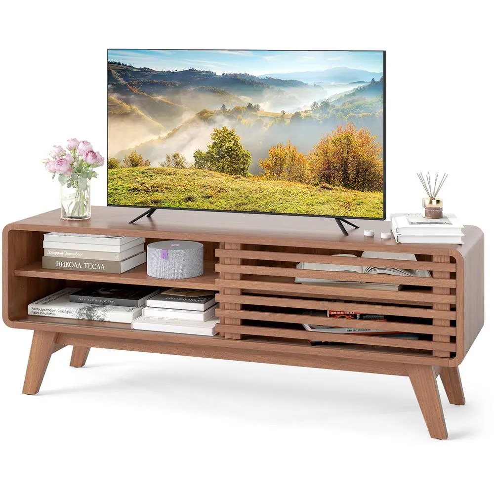 Costway TV Stand for TVs up to 55" Entertainment Center with Sliding Door in Brown