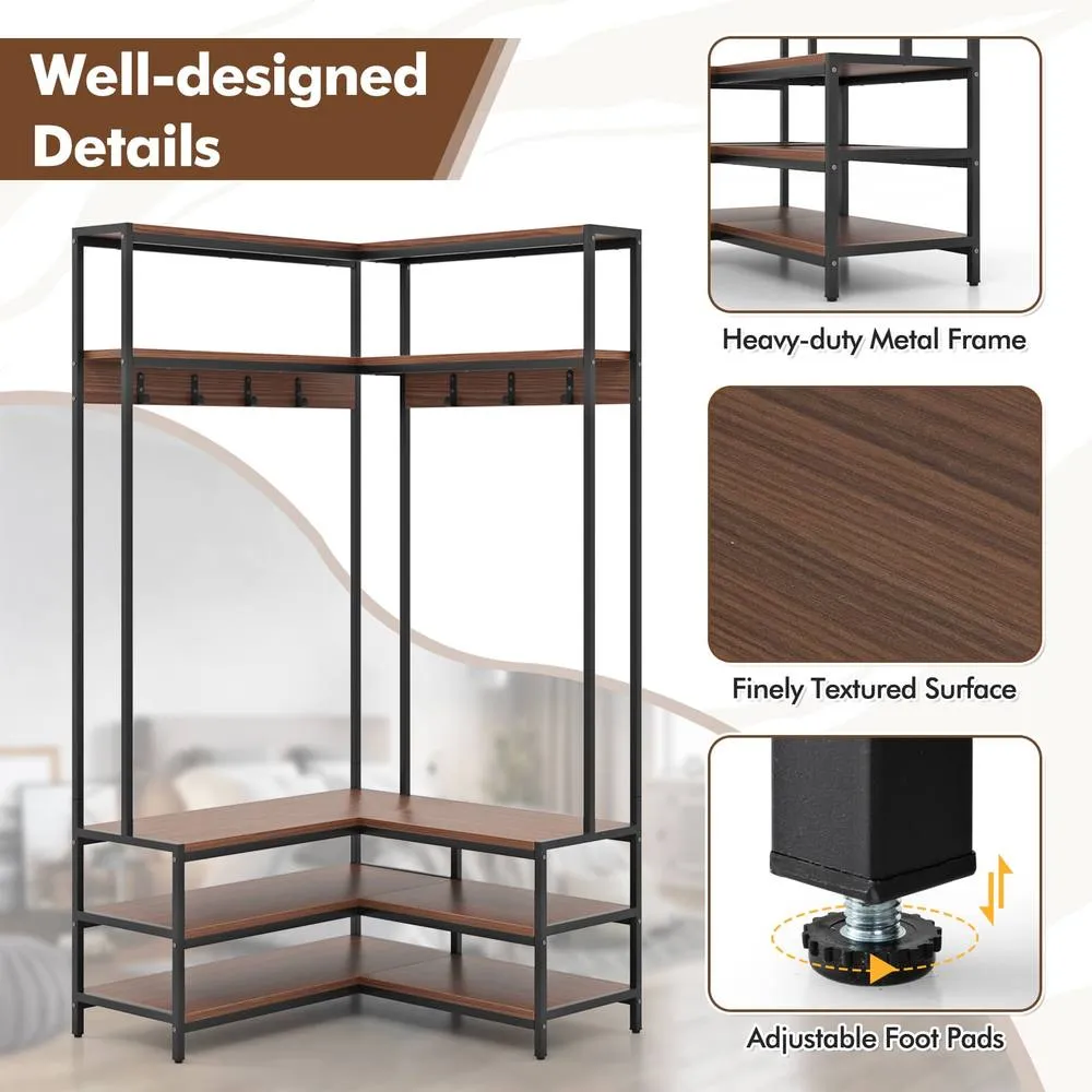 Costway Corner Garment Rack L-shaped Clothes Rack w/ Open Shelves-Walnut in Brown 5