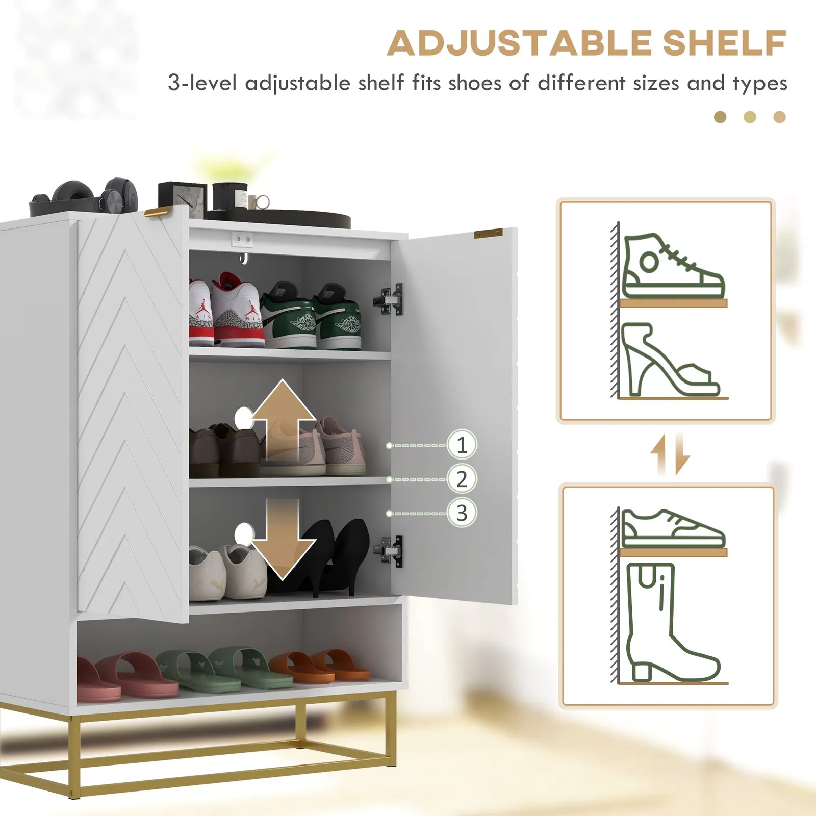 HOMCOM Shoe Storage Cabinet with 3 tier Shelving Open Shelf & 6 Vents in White 5