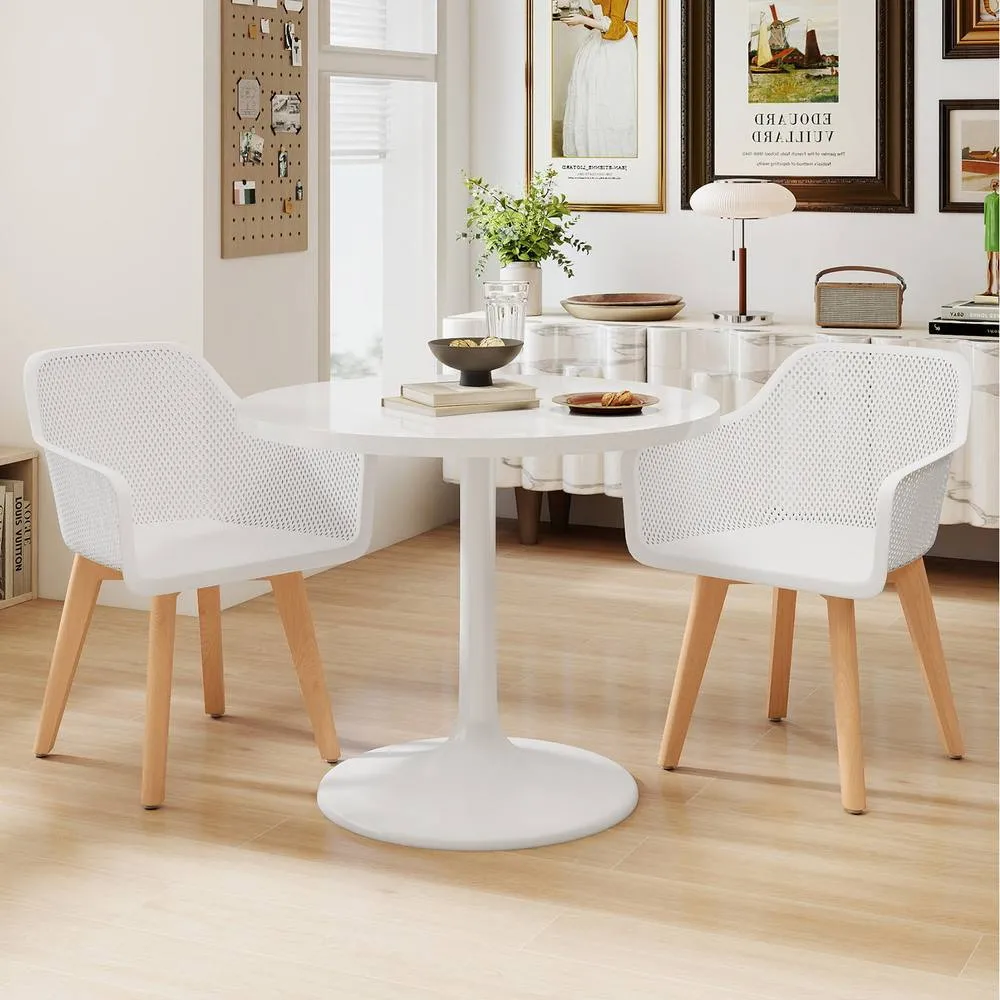 Costway Modern Plastic Dining Chairs Set of 2 Kitchen Armchairs w/Wood Legs in White 2