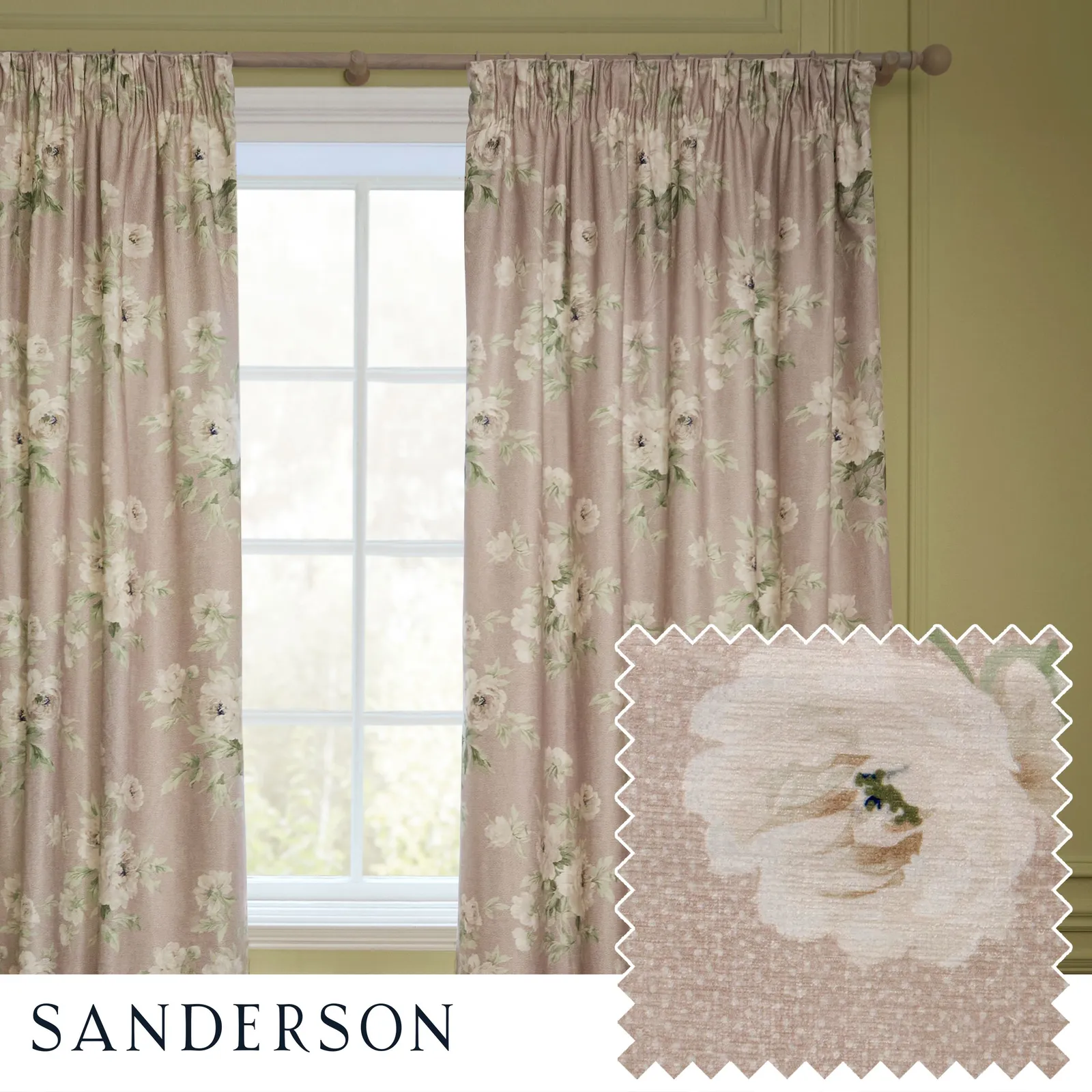 Sanderson Adele Floral Chenille Room Darkening Pencil Pleat Curtains in Light Pink
