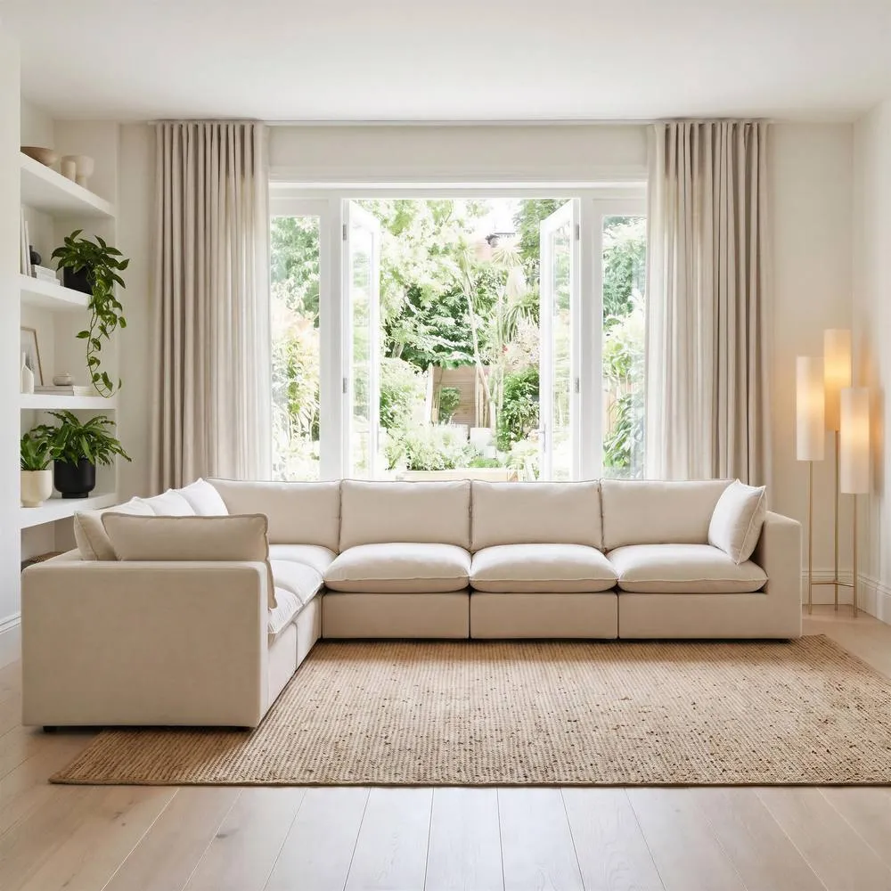FurnitureboxUK Echo Linen-Look Fabric 5 Seater L-Shaped Modular Corner Sofa in Cream 2