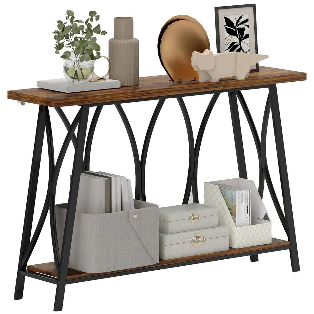 HOMCOM Console Table, Industrial Narrow Sofa Table with 2 Tiers, Metal Frame in Brown 2