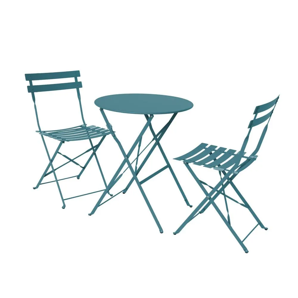 sweeek Round folding metal bistro garden table with 2 chairs in Teal 2