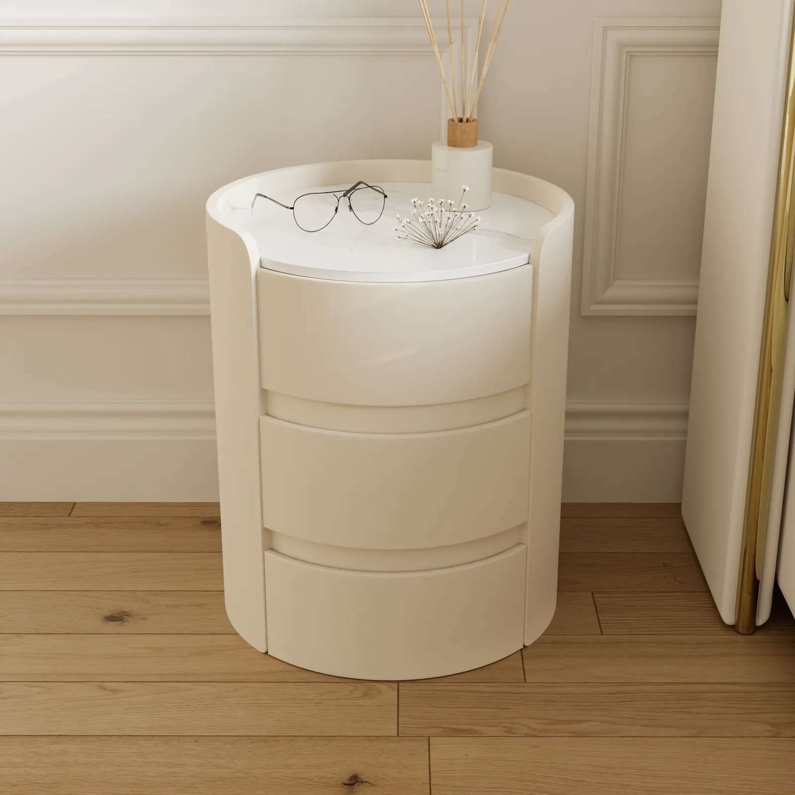 Modern bedside table with 3-drawers and 400 mm wide bedside cabinet in white, marble and leather design