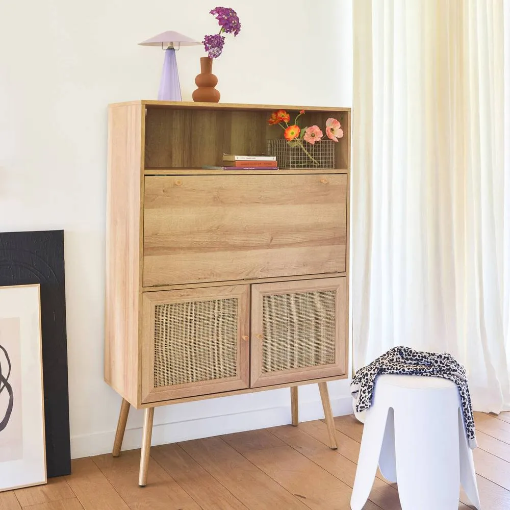 sweeek Secretary desk with wood decor, cane & 2 doors in Beige 4