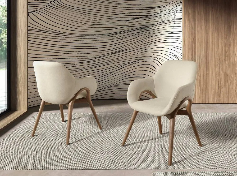 Angel Cerda Beige Fabric Dining Chair with Armrests & Walnut 3