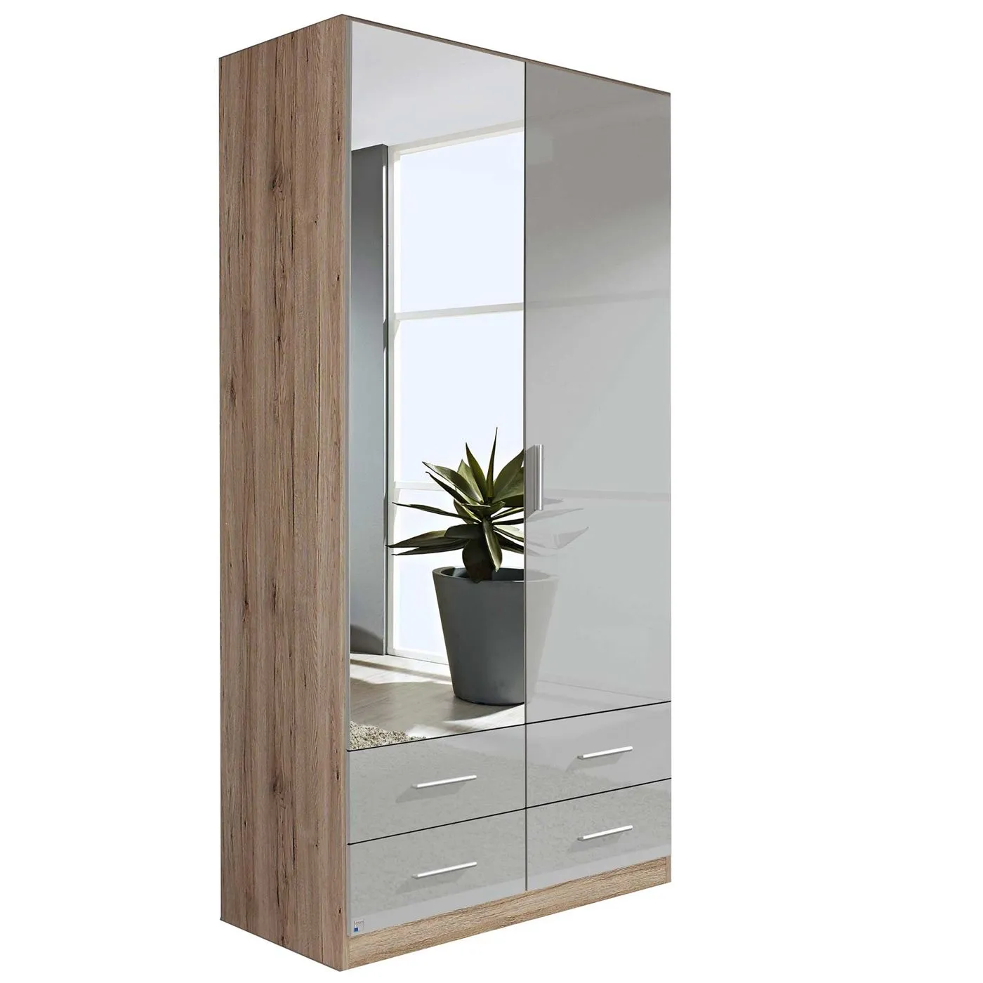 Moritz 2 Door 4 Drawer Hinged Wardrobe, San Remo Oak Light and High Polish Silk Grey