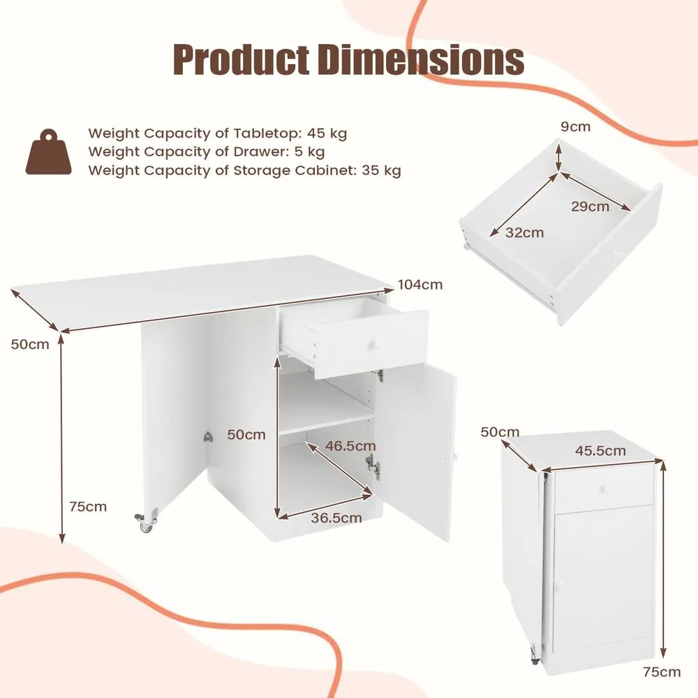 Costway Folding Dining Table Drop Leaf Table w/Drawer in White 2