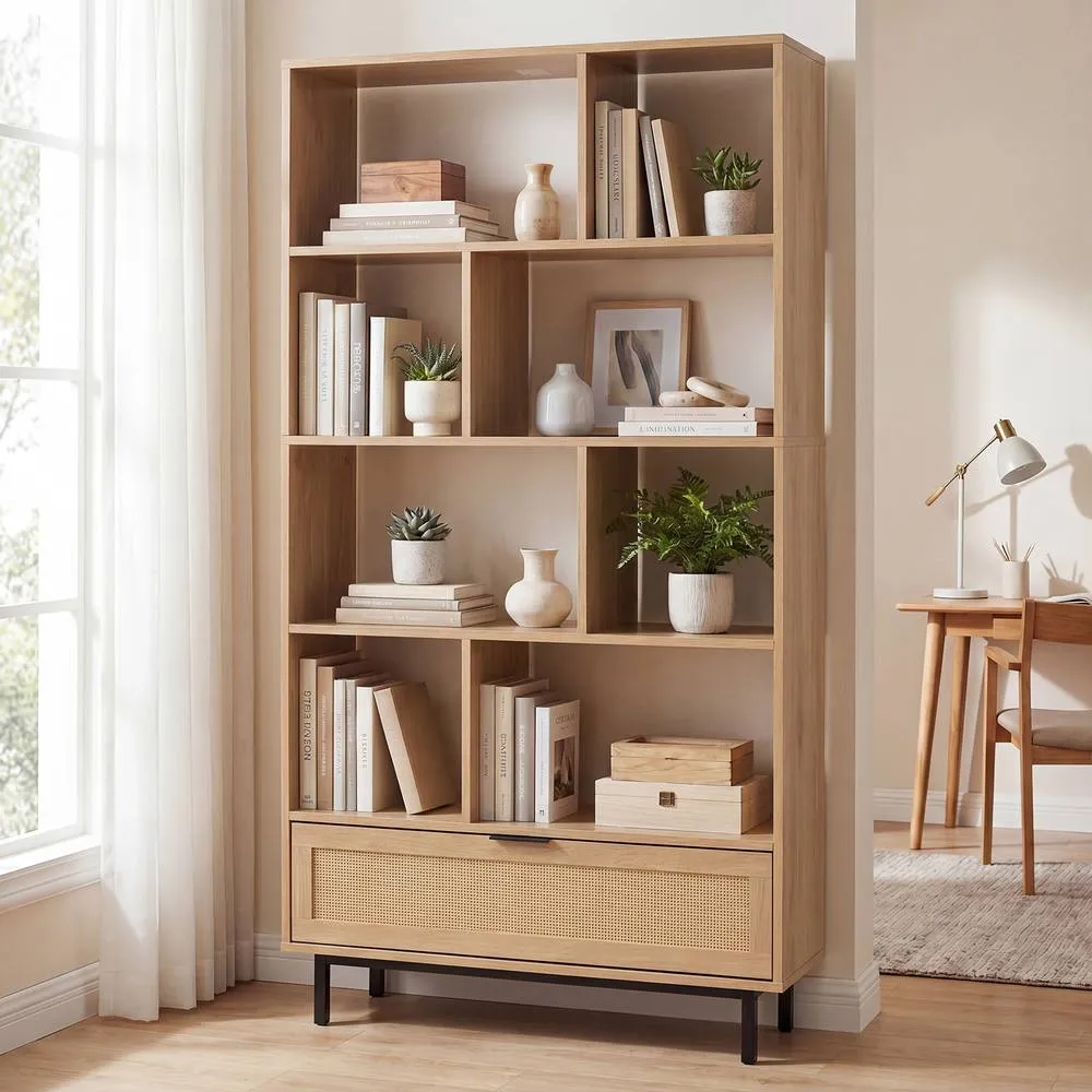 Costway 162cm Tall Wooden Bookcase 6-Tier Bookshelf w/8 Cubes & Rattan Drawer in Natural 3