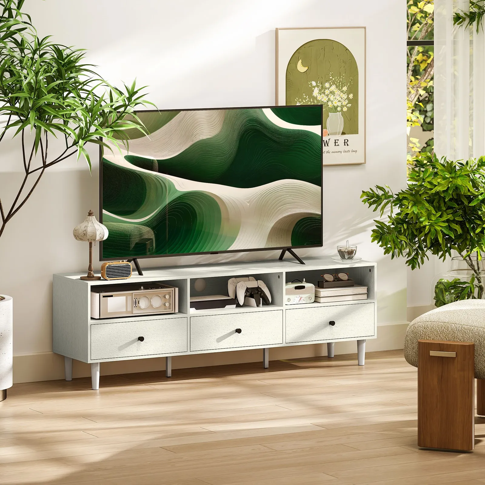 HOMCOM TV Unit, TV Cabinet for up to 75", with Drawers, Shelves, Cream White