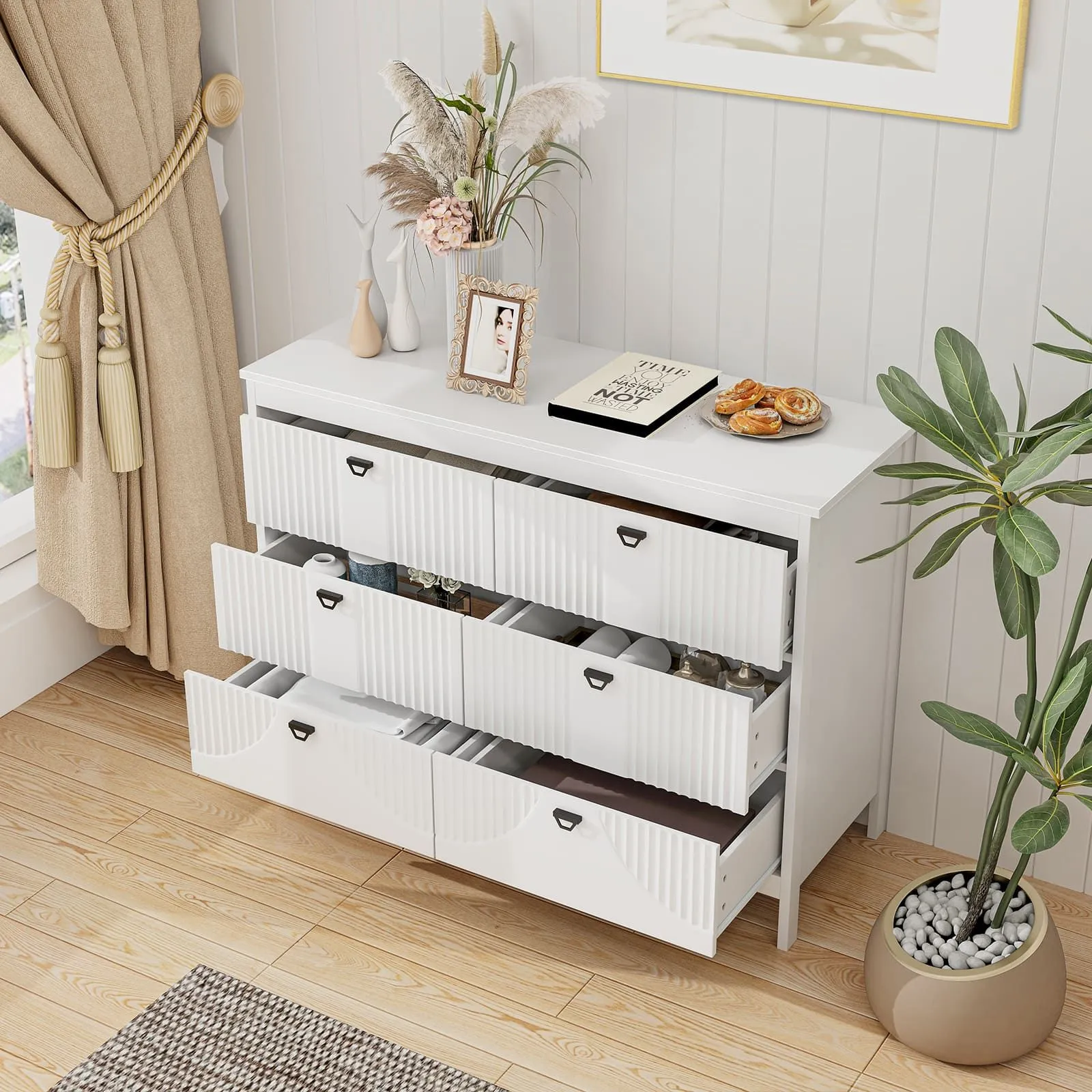 Costway 6-Drawer Dresser Bedroom Modern Style Chest of Drawers-White in White 4