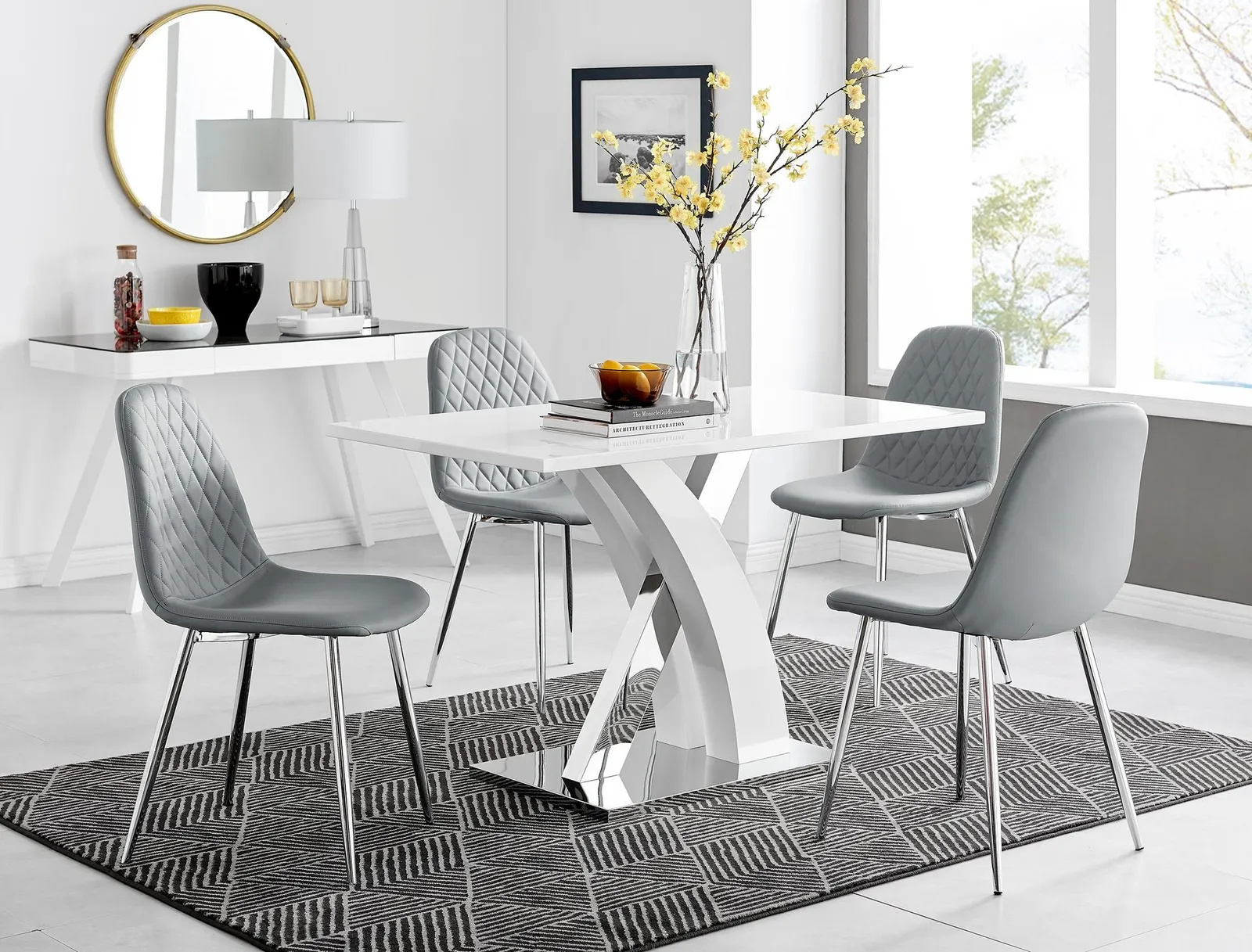 FurnitureboxUK Atlanta White High Gloss & Chrome 4 Seater Dining Table with X Shaped Legs & 4 Faux Leather Corona Chairs in Grey 1