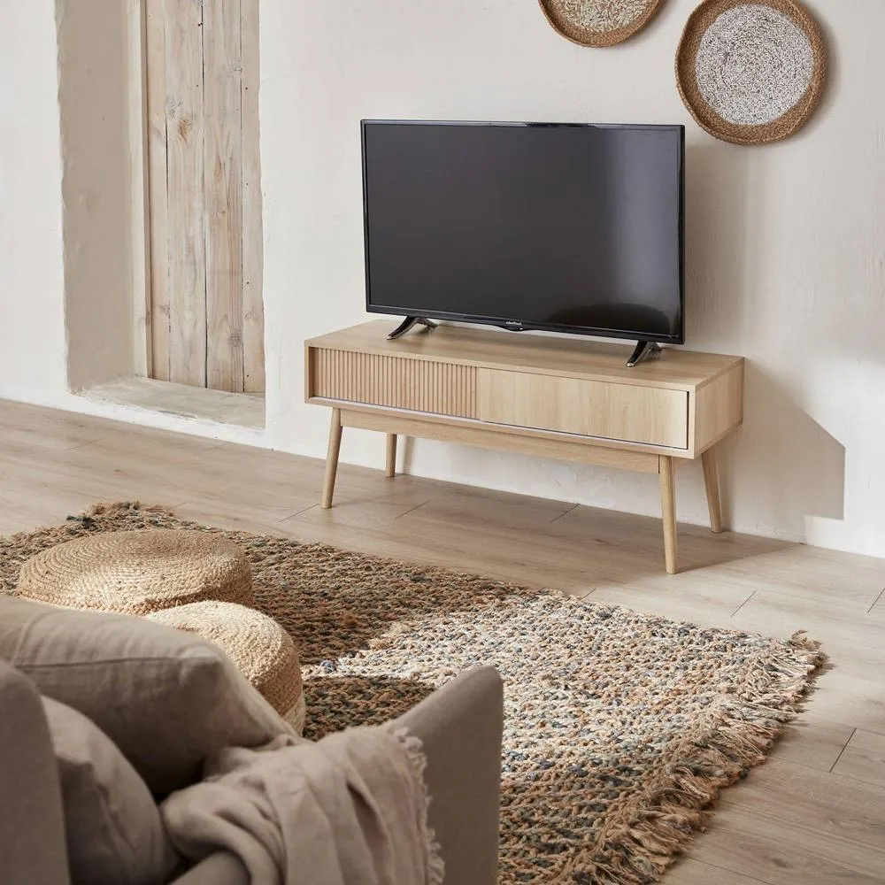sweeek 115cm Tv Unit Grooved Wood Detail 2 Doors in Light Brown 1
