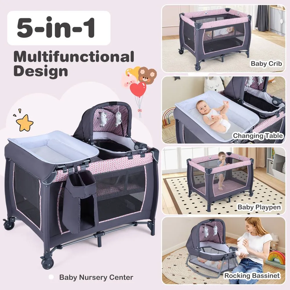 Costway Foldable Pack &Play Portable Baby Playard w/Rocking Bassinet&Music Box in Pink 4