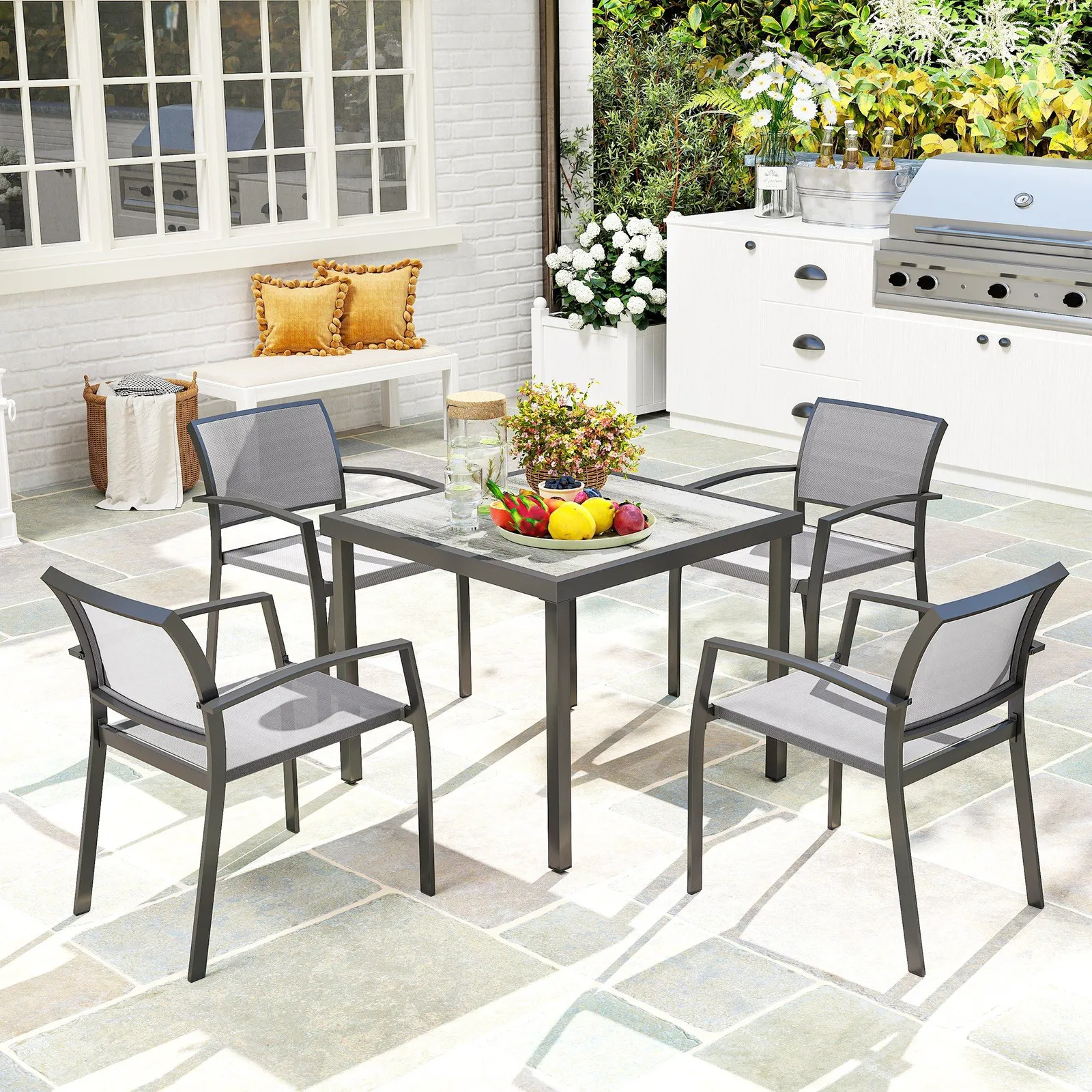 OUTSUNNY 5 Piece Garden Furniture Set with 4 Stackable Armchairs, Grey