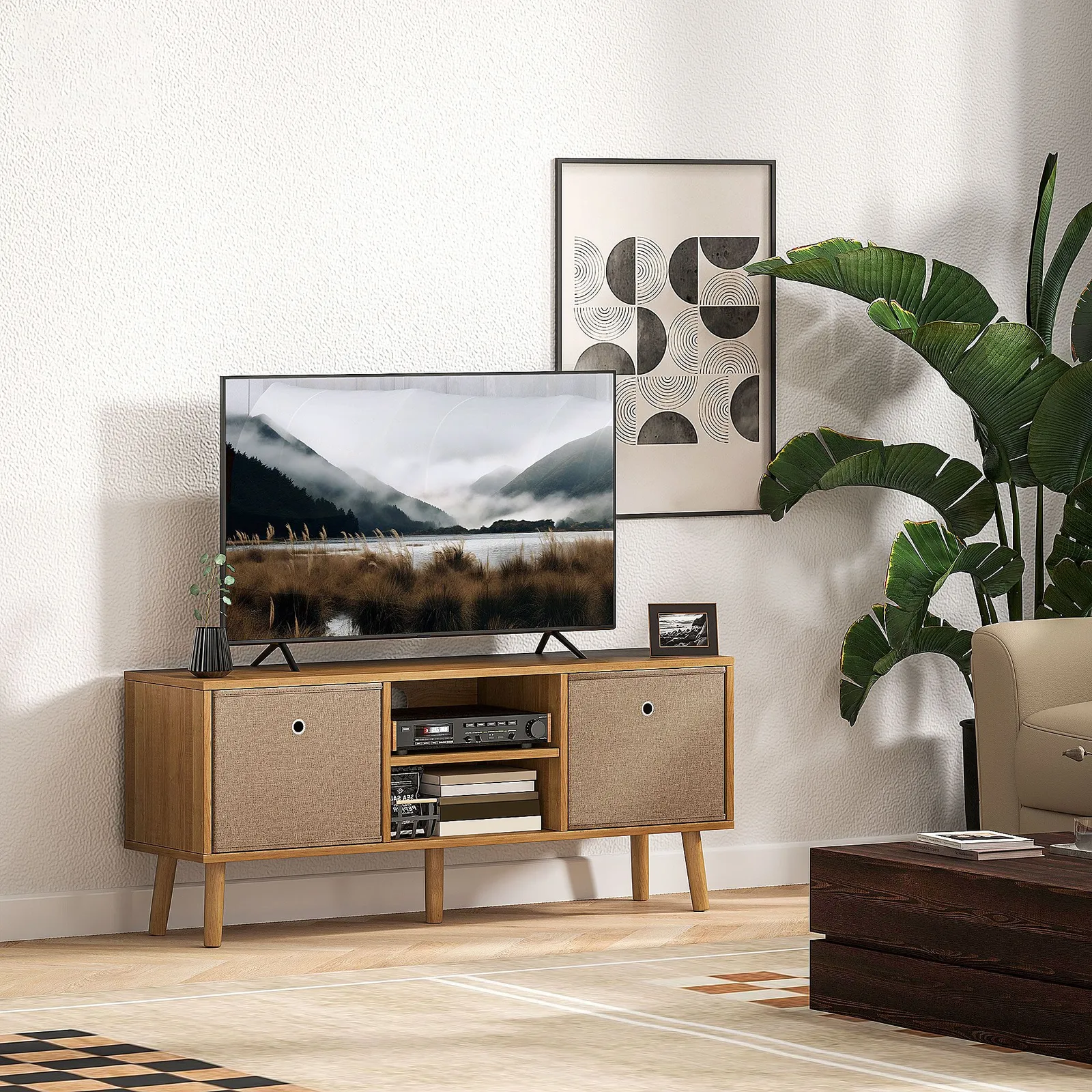 HOMCOM Modern TV Cabinet Stand w/ Shelves & Drawers, Bedroom in Brown 2