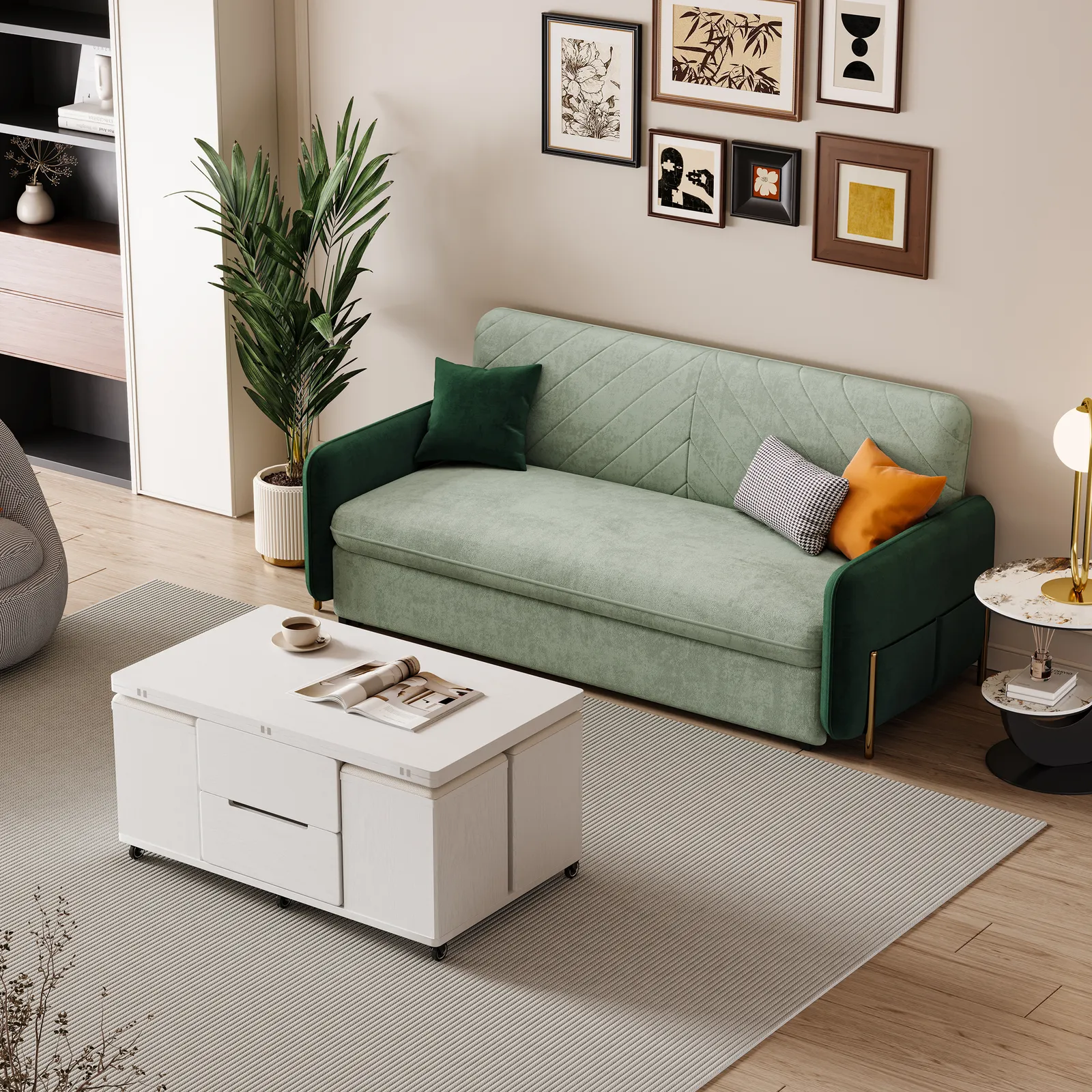 Modern White Lift Top Coffee Table 4 in 1 with Storage Ottoman Foldable and Casters Transforming Into Dining Table