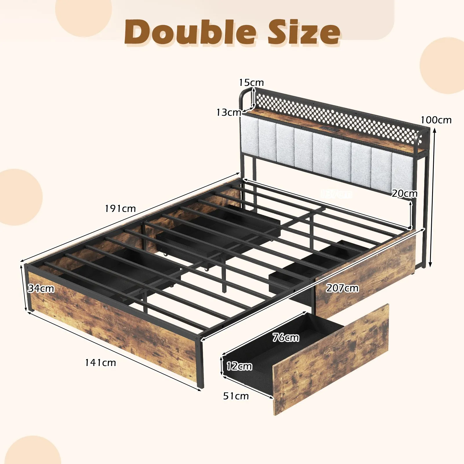 Costway Double Bed Platform Bed with LED Lights & USB Power Outlets in Brown 3