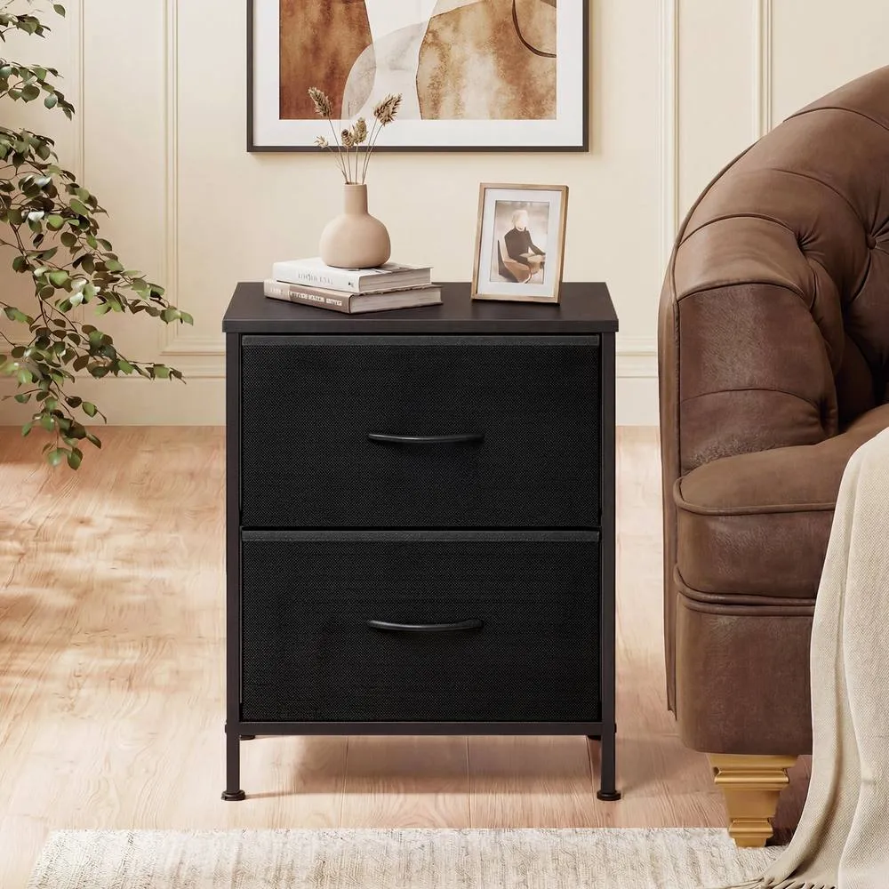 Costway 2PCS Nightstand End Table w/ 2 Fabric Drawers Bedside Table Side Table in Black 4