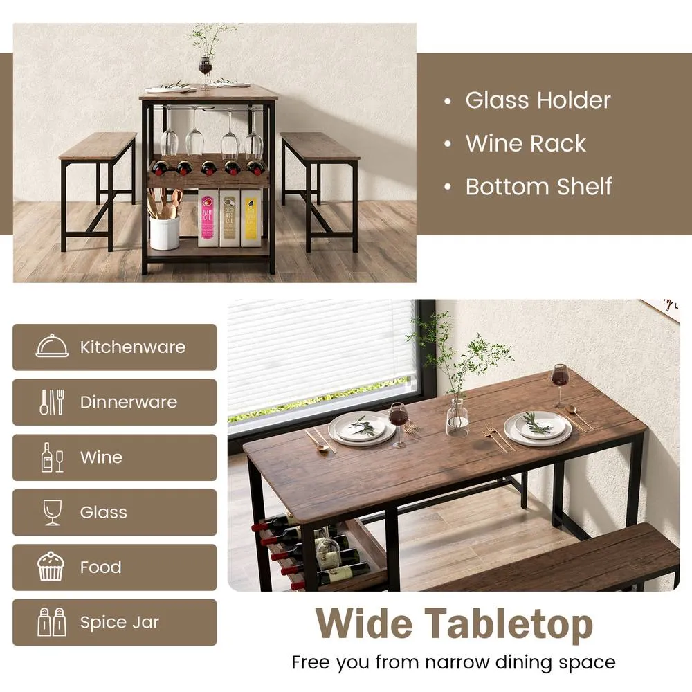 Costway 3 PCS Dining Table Set for 4 Dining Table & 2 Benches W/ Glass Holder in Brown